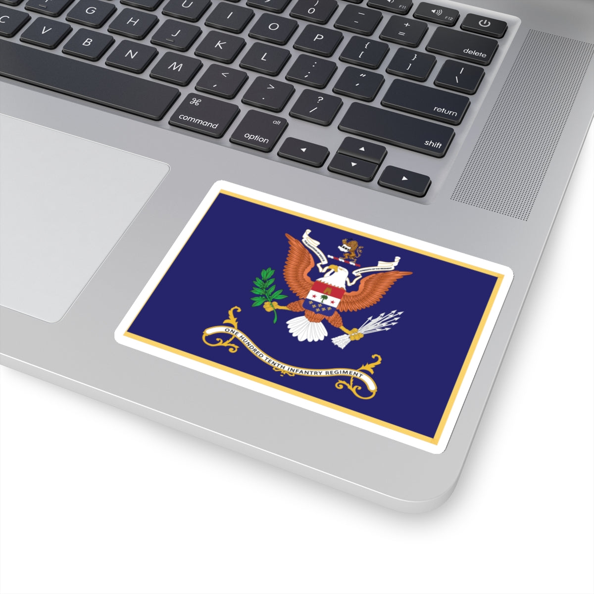 Kiss-Cut Stickers - Army - Regimental Colors - 110th Infantry Regiment - THE DEVOTION OF EACH IS THE STRENGTH OF THE REGIMENT Flag w Fringe X 300