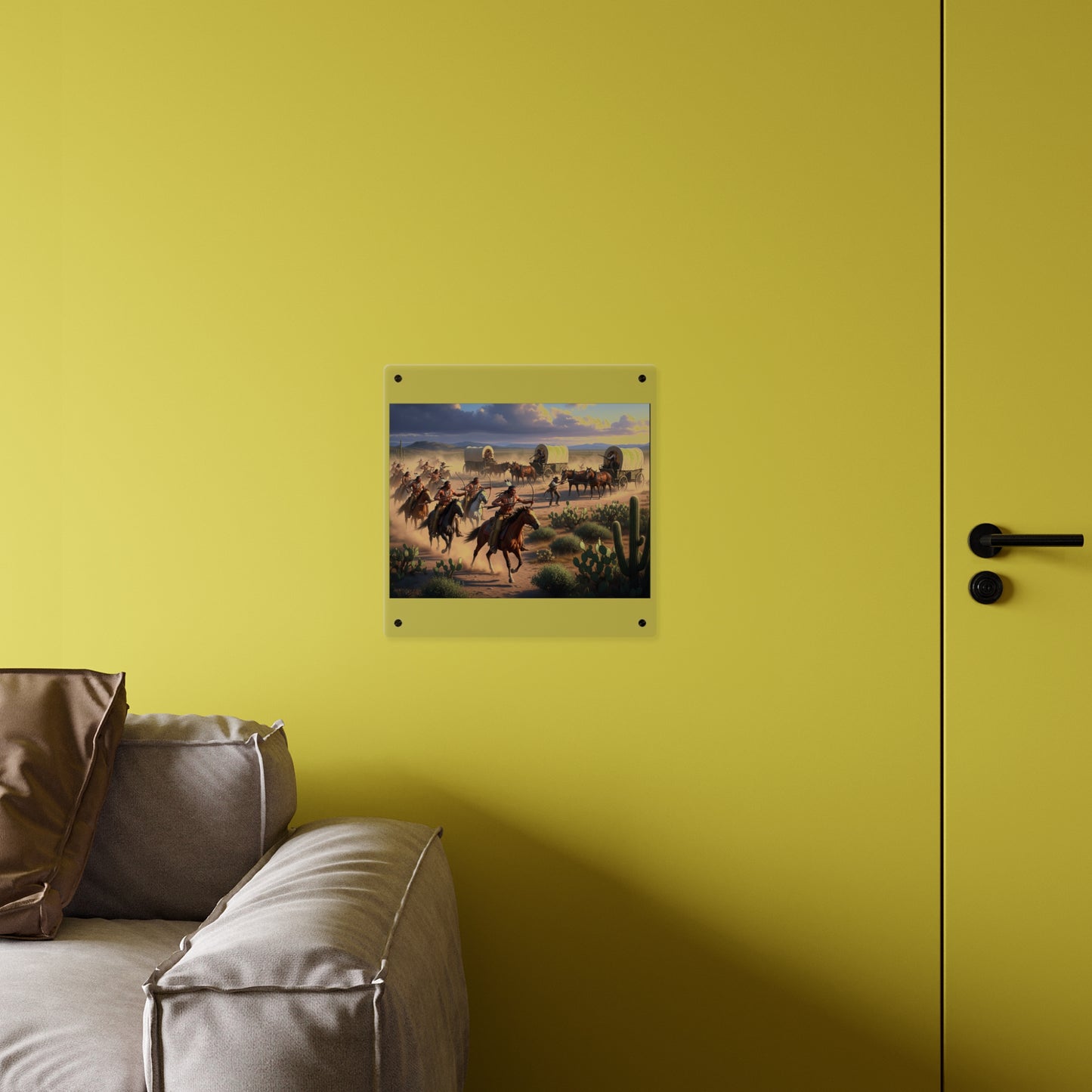 Acrylic Wall Art Panel - Apache Indians attacking a wagon train