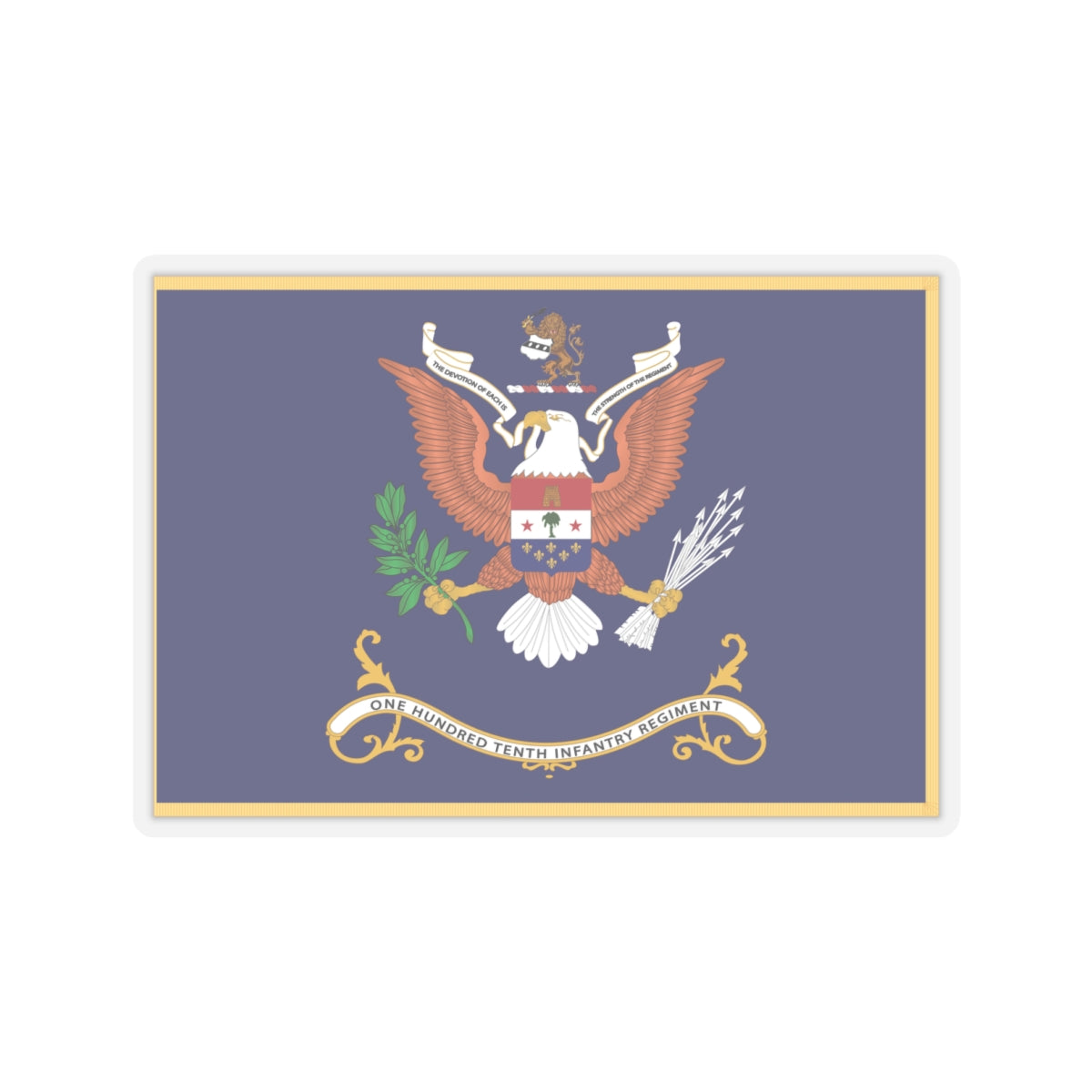 Kiss-Cut Stickers - Army - Regimental Colors - 110th Infantry Regiment - THE DEVOTION OF EACH IS THE STRENGTH OF THE REGIMENT Flag w Fringe X 300