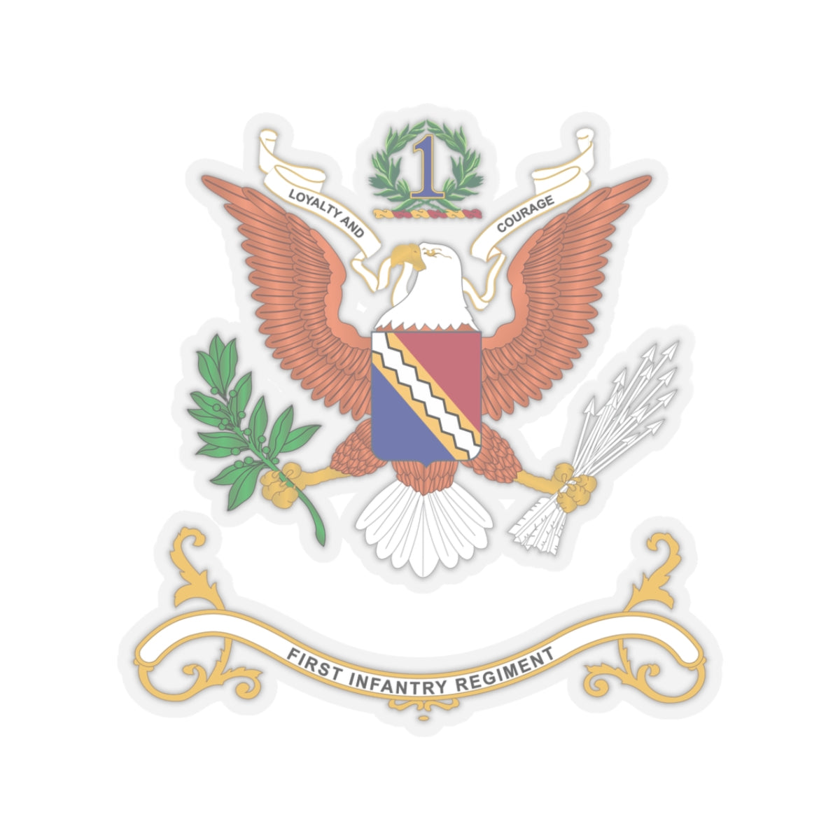 Kiss-Cut Stickers - Army - Regimental Colors - 1st Infantry Regiment -- LOYALTY AND COURAGE - Infantry Branch - Flag w Fringe X 300
