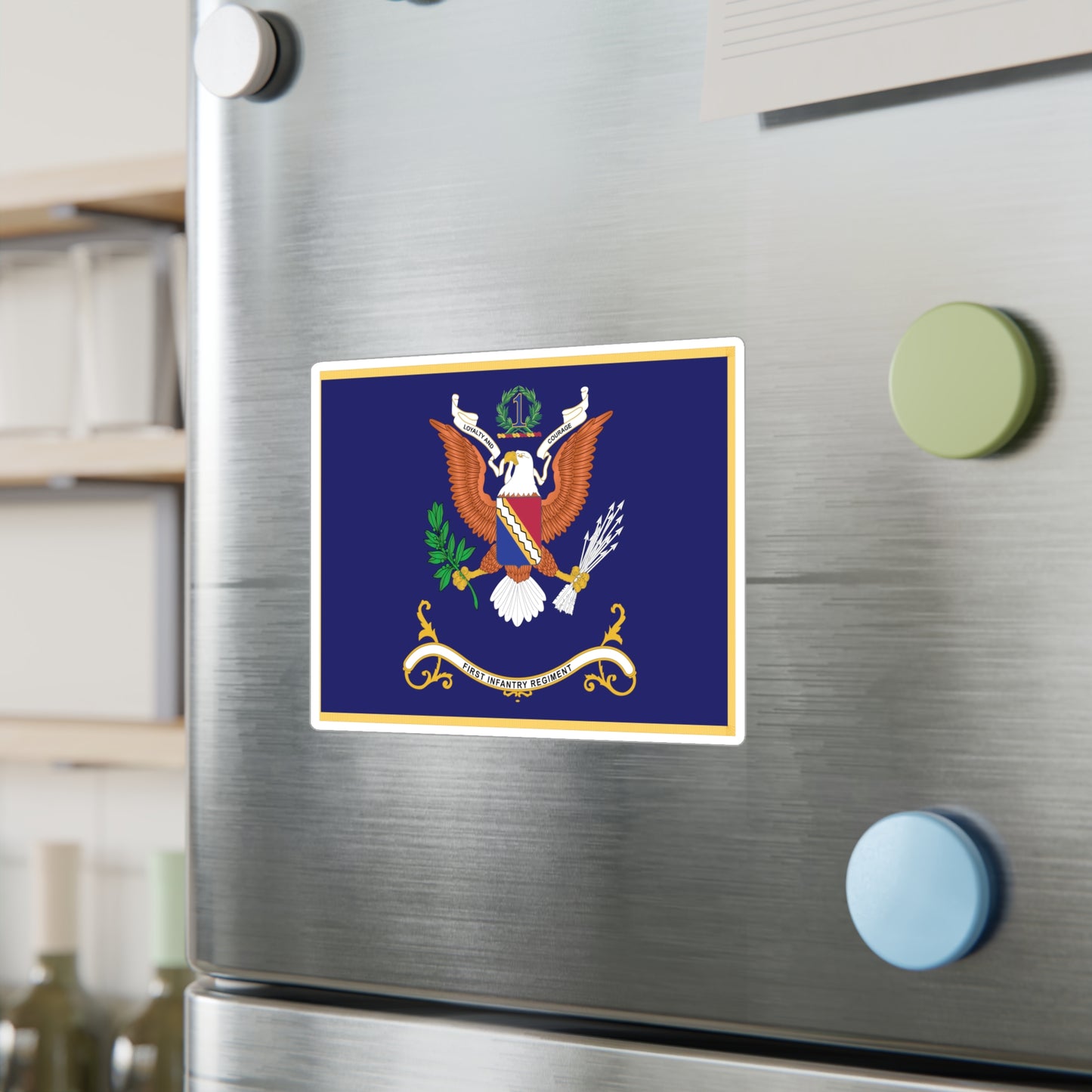 Kiss-Cut Vinyl Decals - Army - Regimental Colors - 1st Infantry Regiment -- LOYALTY AND COURAGE - Infantry Branch - Flag w Fringe X 300