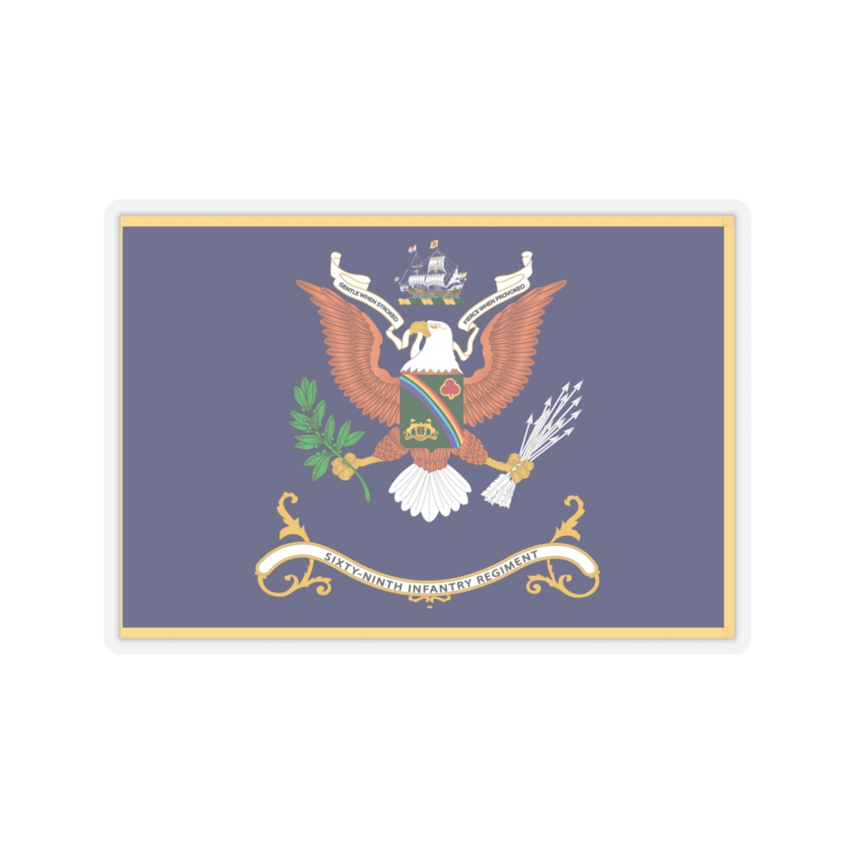 Kiss-Cut Stickers - Army - Regimental Colors - 69th Infantry Regiment - GENTLE WHEN STROKED - FIERCE WHEN PROVOKED Flag w Fringe X 300