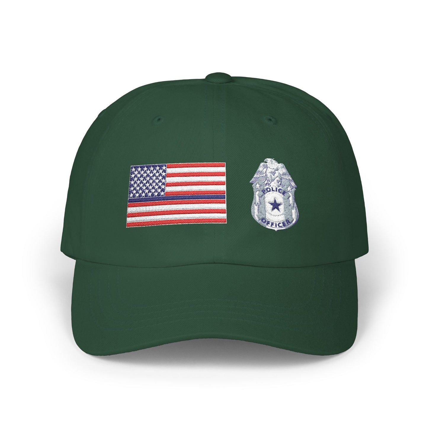Hat - Classic Dad Cap American Flag with Police Blue Stripe and Badge