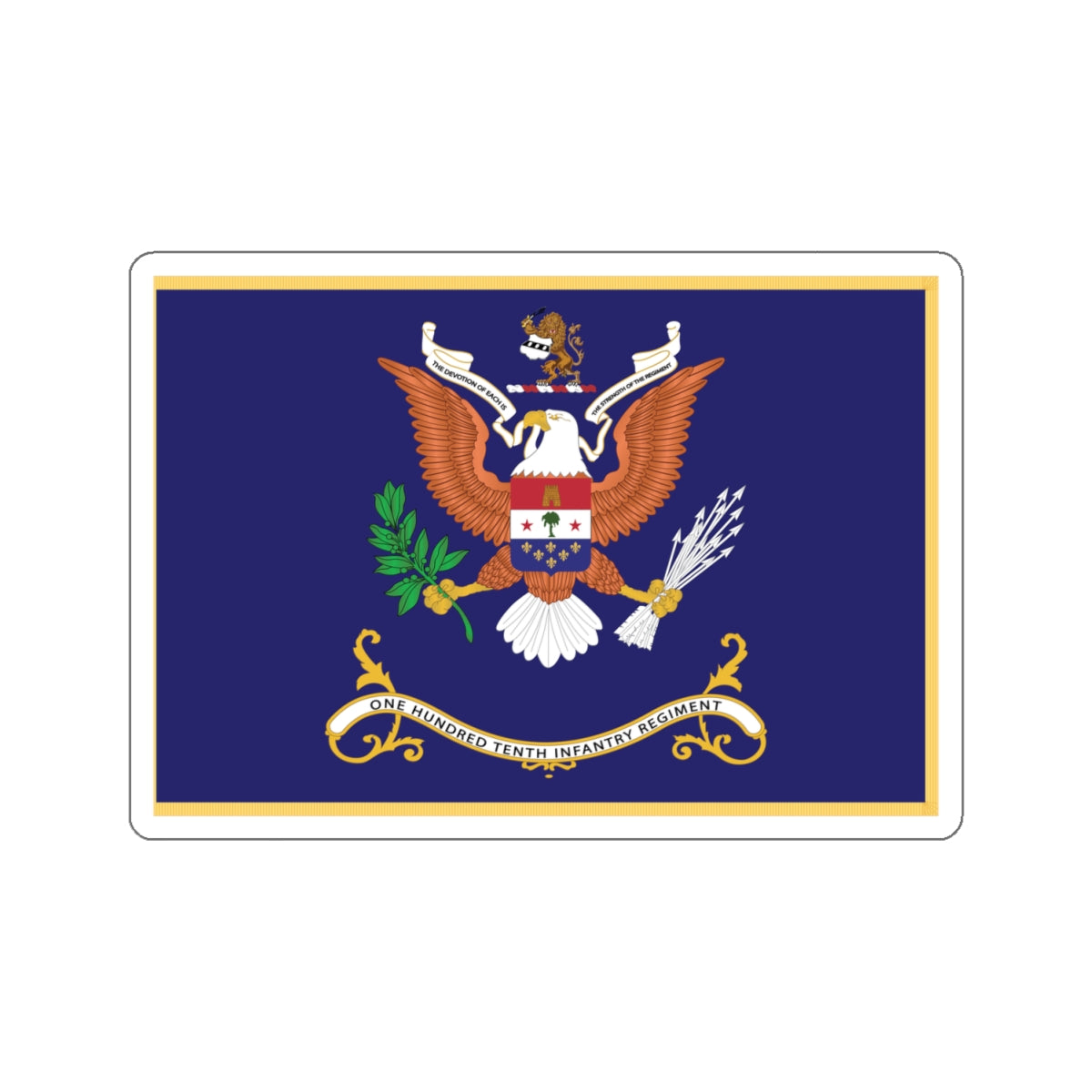 Kiss-Cut Stickers - Army - Regimental Colors - 110th Infantry Regiment - THE DEVOTION OF EACH IS THE STRENGTH OF THE REGIMENT Flag w Fringe X 300