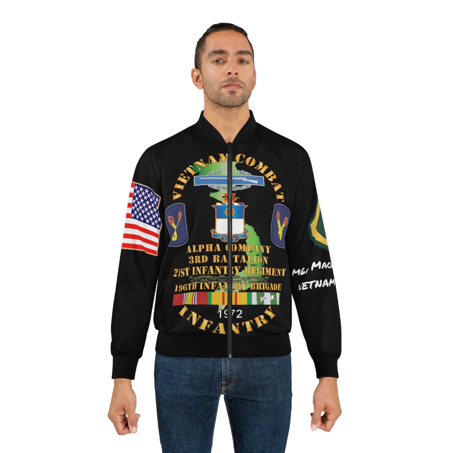 Men's Bomber Jacket - Army - 196th Light Infantry Brigade - Vietnam War Vet - PFC - M60 Machine Gunner - CIB - Vietnam Service Ribbons