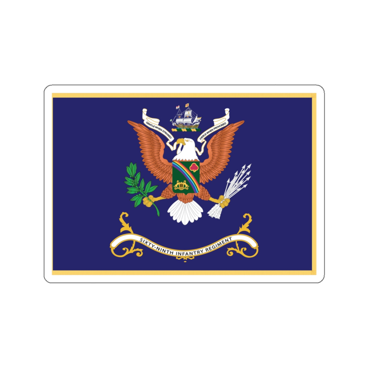 Kiss-Cut Stickers - Army - Regimental Colors - 69th Infantry Regiment - GENTLE WHEN STROKED - FIERCE WHEN PROVOKED Flag w Fringe X 300