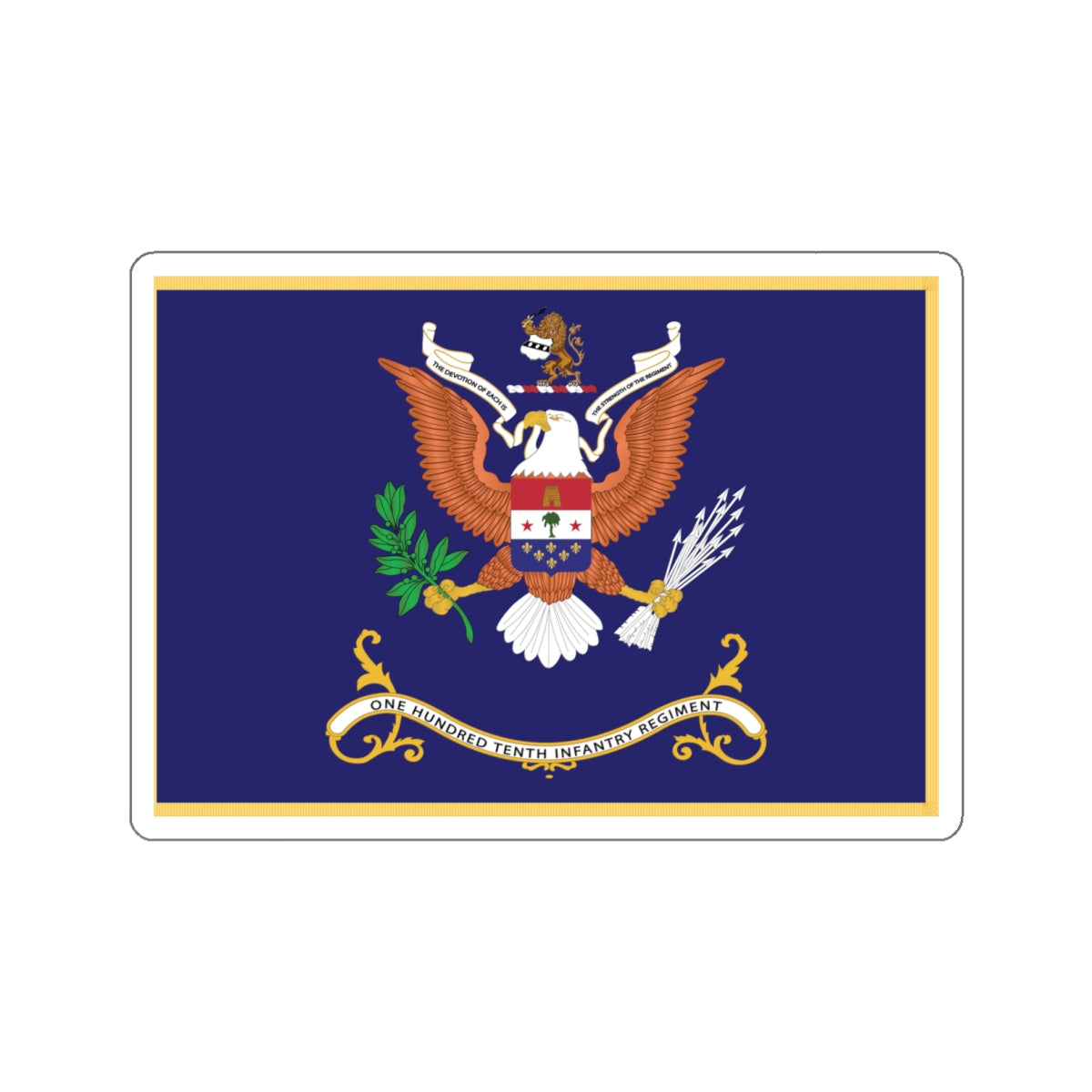 Kiss-Cut Stickers - Army - Regimental Colors - 110th Infantry Regiment - THE DEVOTION OF EACH IS THE STRENGTH OF THE REGIMENT Flag w Fringe X 300