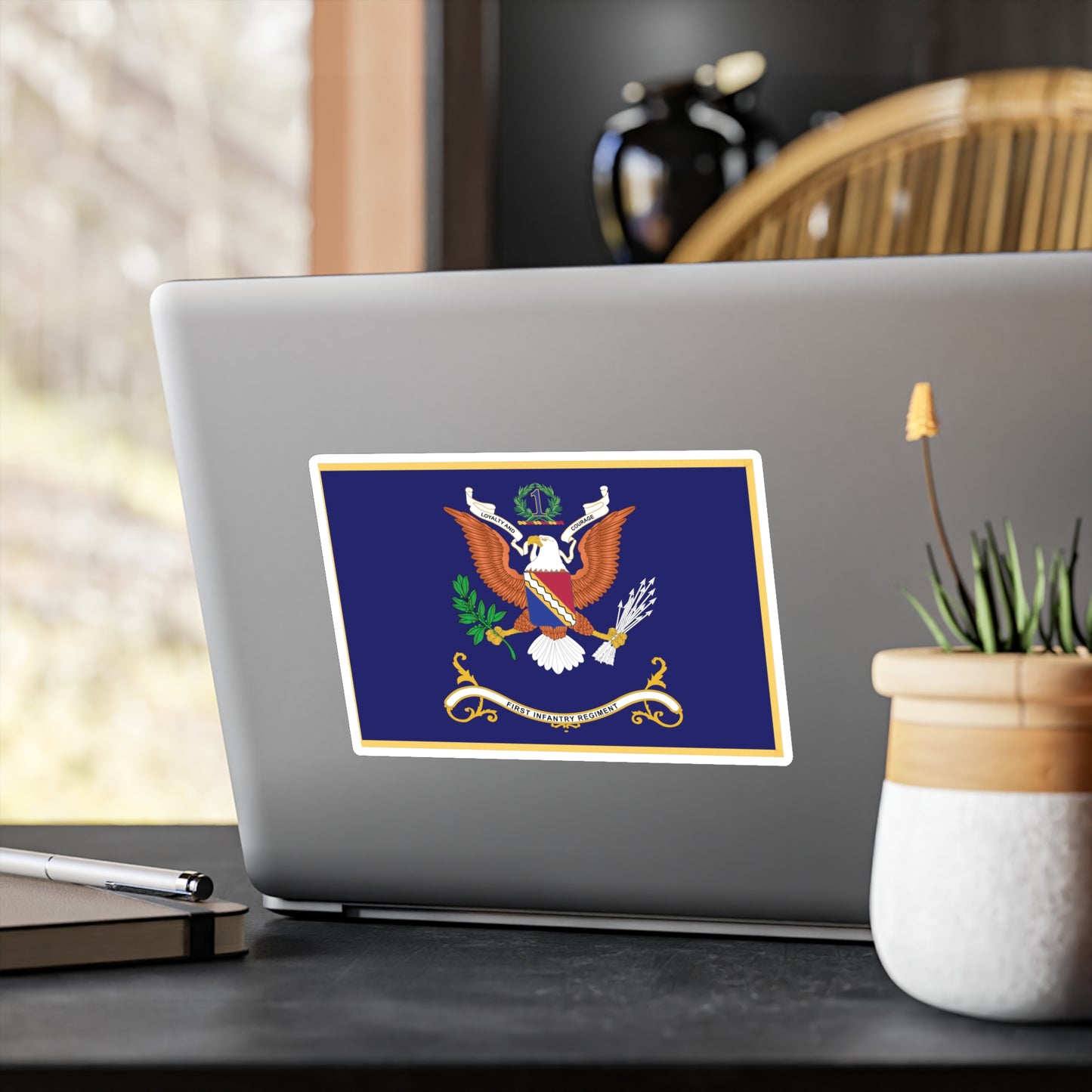 Kiss-Cut Vinyl Decals - Army - Regimental Colors - 1st Infantry Regiment -- LOYALTY AND COURAGE - Infantry Branch - Flag w Fringe X 300