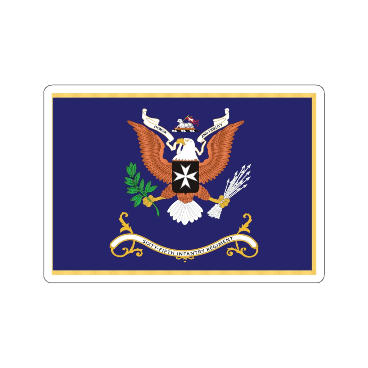 Kiss-Cut Stickers - Army - Regimental Colors - 65th Infantry Regiment - HONOR AND FIDELITY Flag w Fringe X 300
