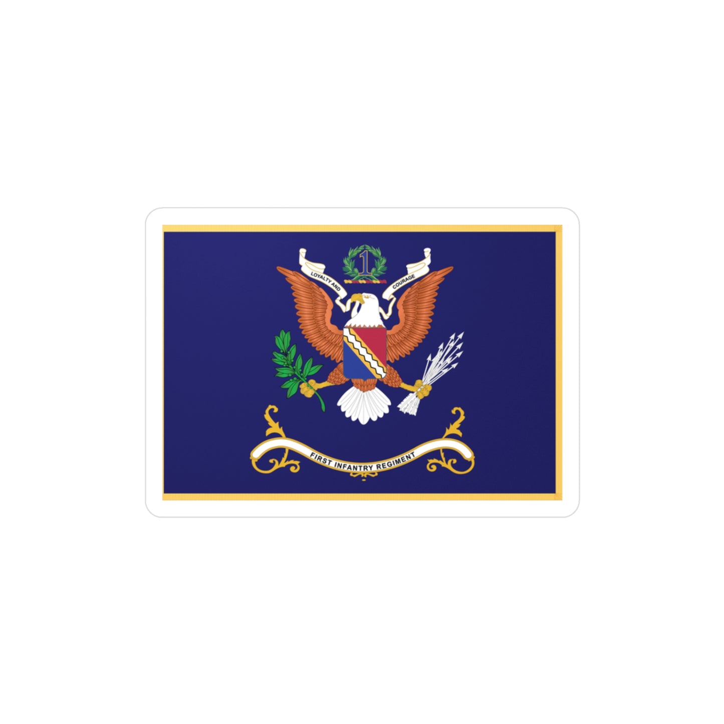 Kiss-Cut Vinyl Decals - Army - Regimental Colors - 1st Infantry Regiment -- LOYALTY AND COURAGE - Infantry Branch - Flag w Fringe X 300