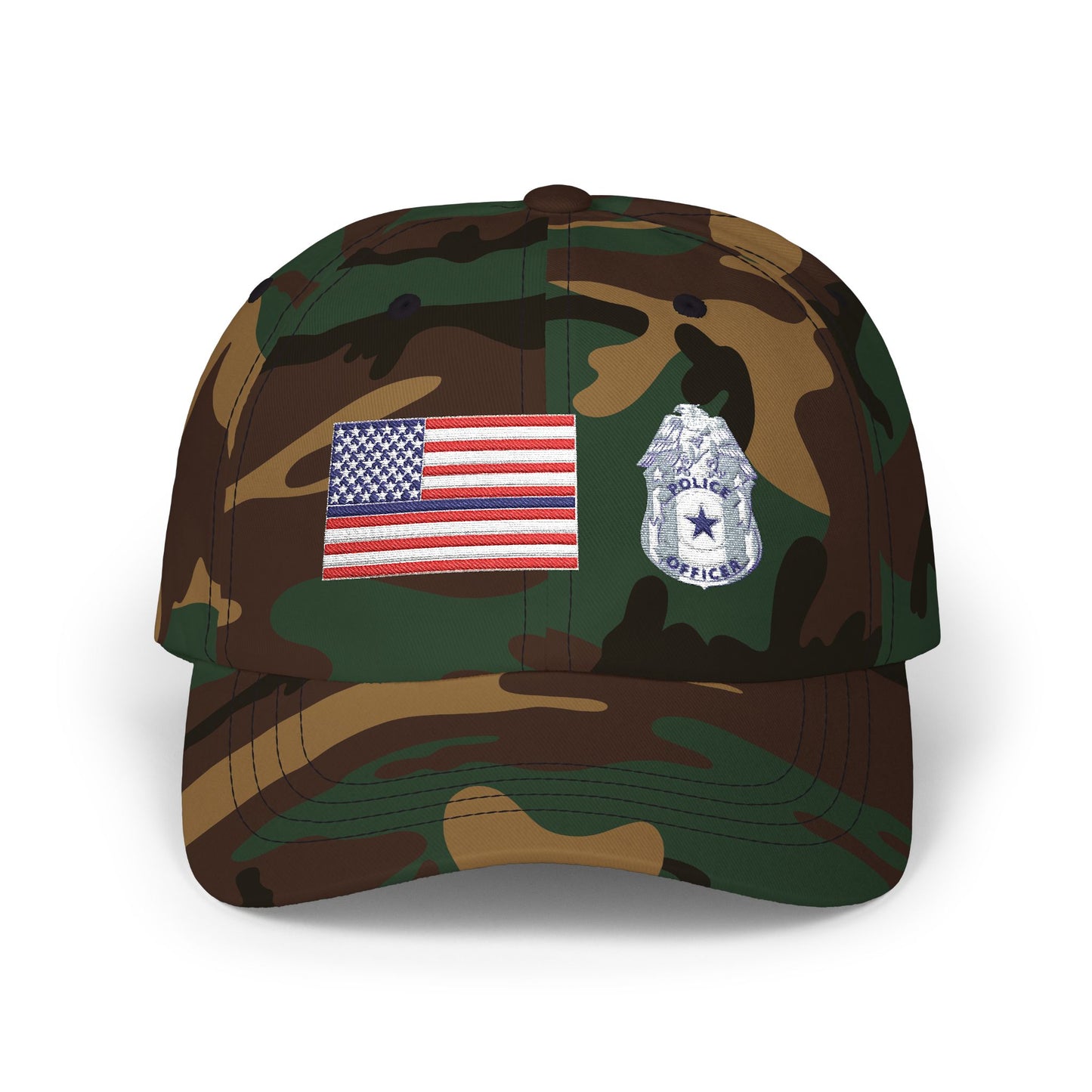 Hat - Classic Dad Cap American Flag with Police Blue Stripe and Badge
