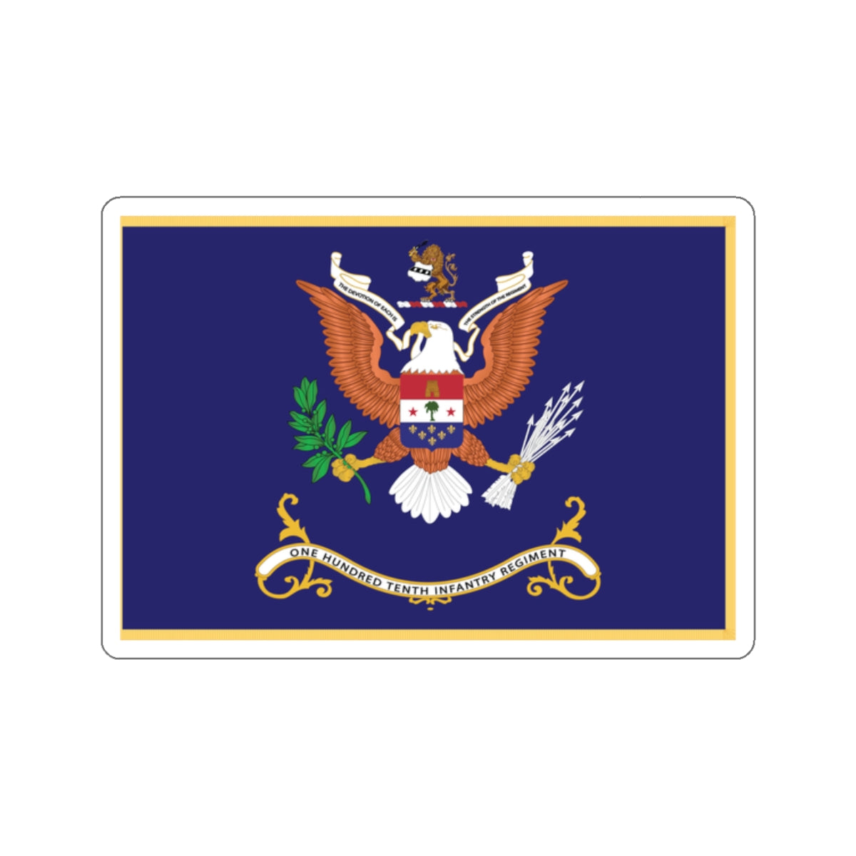 Kiss-Cut Stickers - Army - Regimental Colors - 110th Infantry Regiment - THE DEVOTION OF EACH IS THE STRENGTH OF THE REGIMENT Flag w Fringe X 300