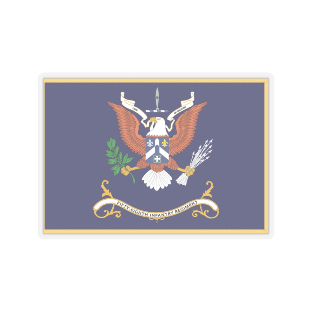 Kiss-Cut Stickers - Army - Regimental Colors - 58th Infantry Regiment - LOVE OF COUNTRY Flag w Fringe X 300