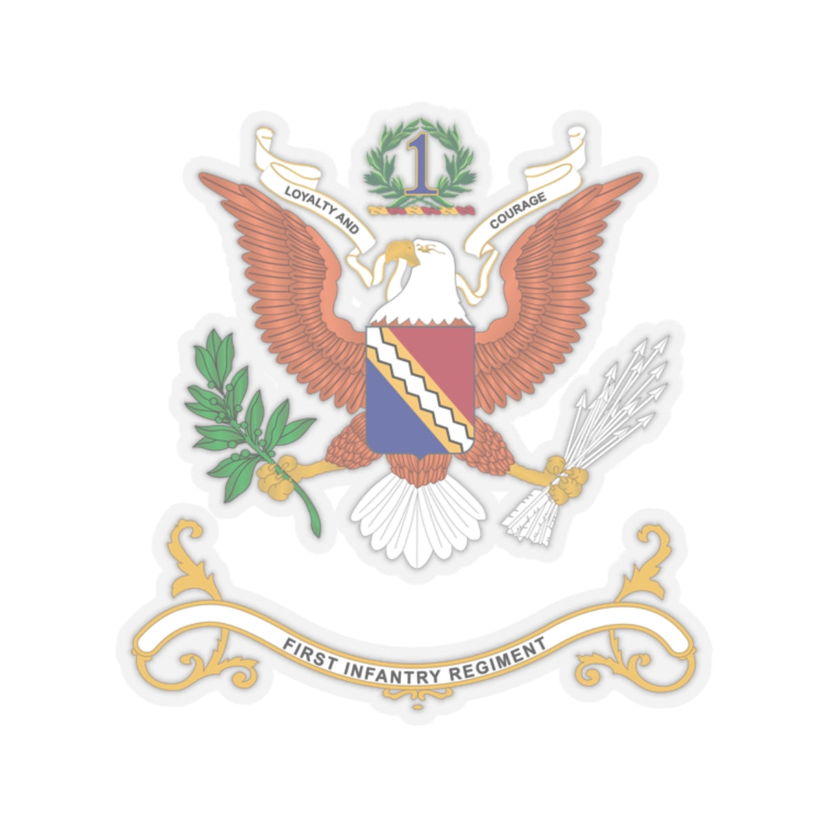 Kiss-Cut Stickers - Army - Regimental Colors - 1st Infantry Regiment -- LOYALTY AND COURAGE - Infantry Branch - Flag w Fringe X 300