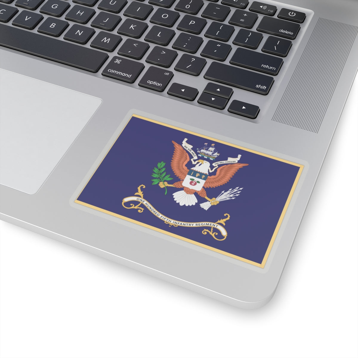 Kiss-Cut Stickers - Army - Regimental Colors - 105th Infantry Regiment - WE ARE ABLE AND WILL CONQUER Flag w Fringe X 300