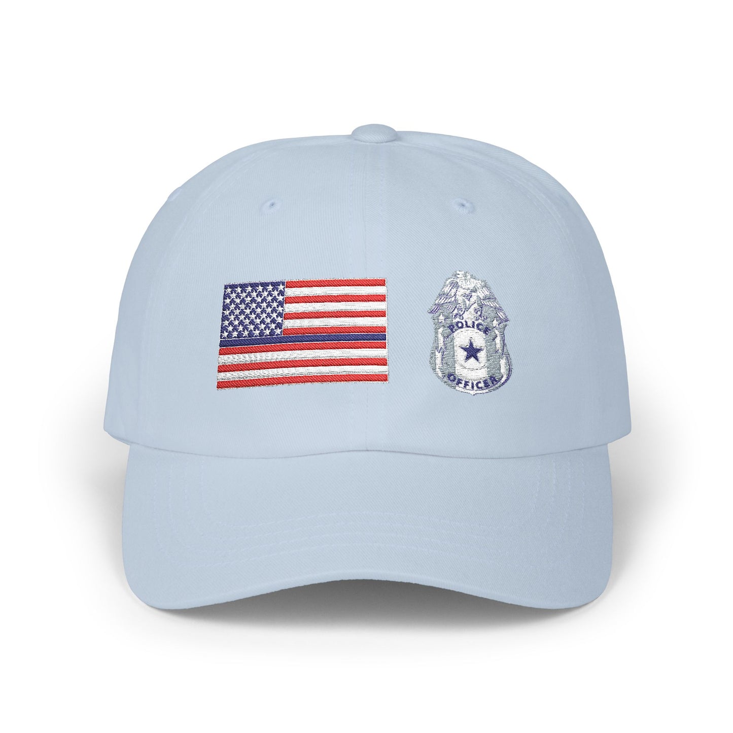 Hat - Classic Dad Cap American Flag with Police Blue Stripe and Badge