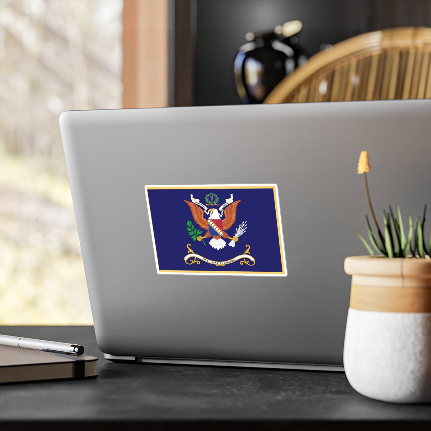 Kiss-Cut Vinyl Decals - Army - Regimental Colors - 1st Infantry Regiment -- LOYALTY AND COURAGE - Infantry Branch - Flag w Fringe X 300