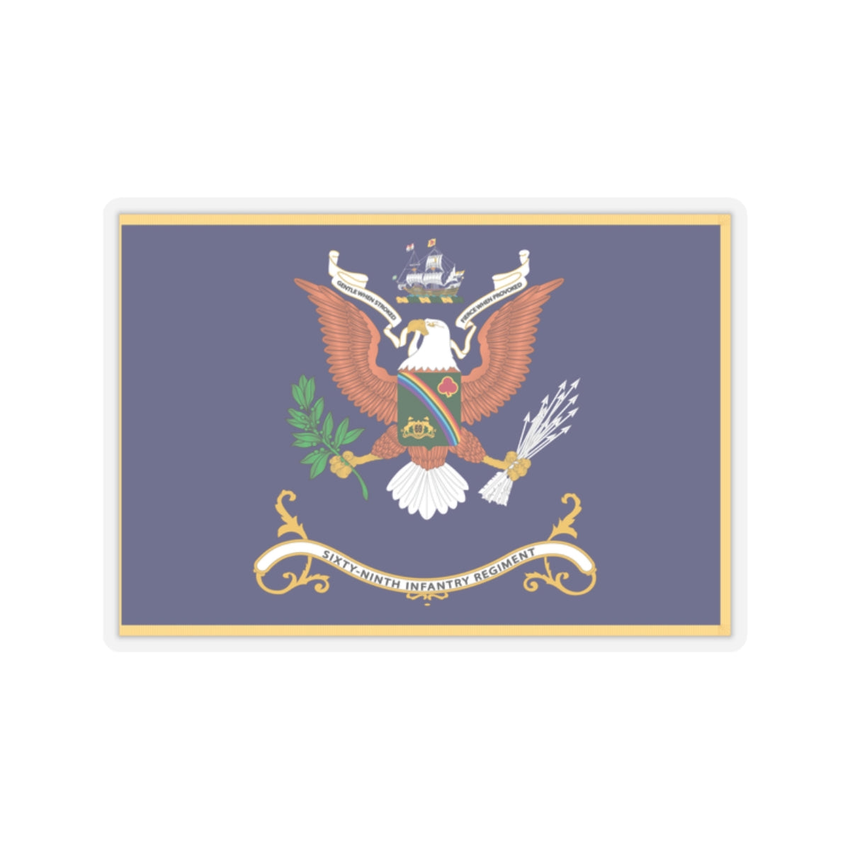Kiss-Cut Stickers - Army - Regimental Colors - 69th Infantry Regiment - GENTLE WHEN STROKED - FIERCE WHEN PROVOKED Flag w Fringe X 300
