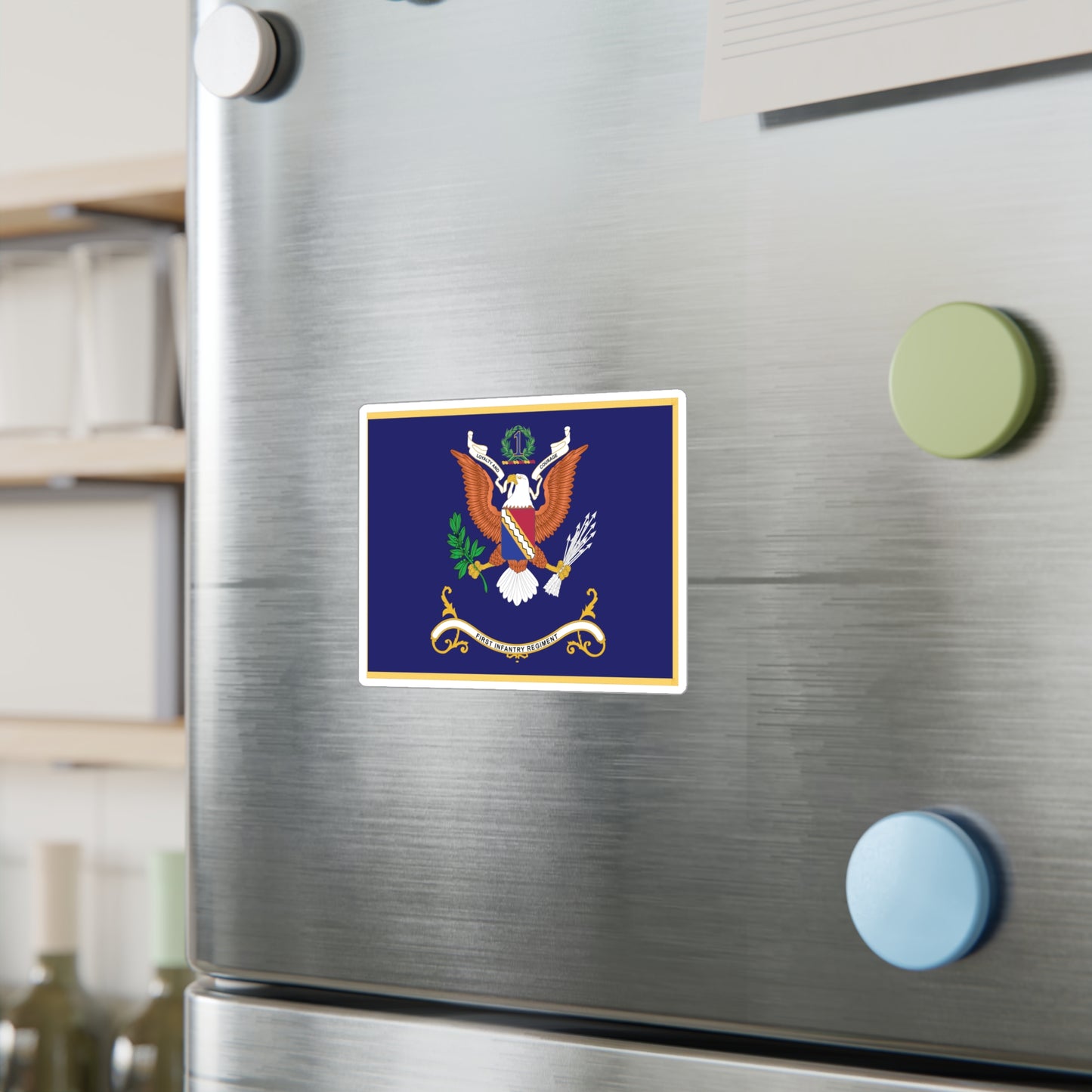 Kiss-Cut Vinyl Decals - Army - Regimental Colors - 1st Infantry Regiment -- LOYALTY AND COURAGE - Infantry Branch - Flag w Fringe X 300