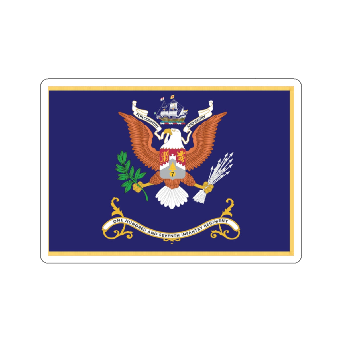 Kiss-Cut Stickers - Army - Regimental Colors - 107th Infantry Regiment - FOR COUNTRY AND GLORY Flag w Fringe X 300