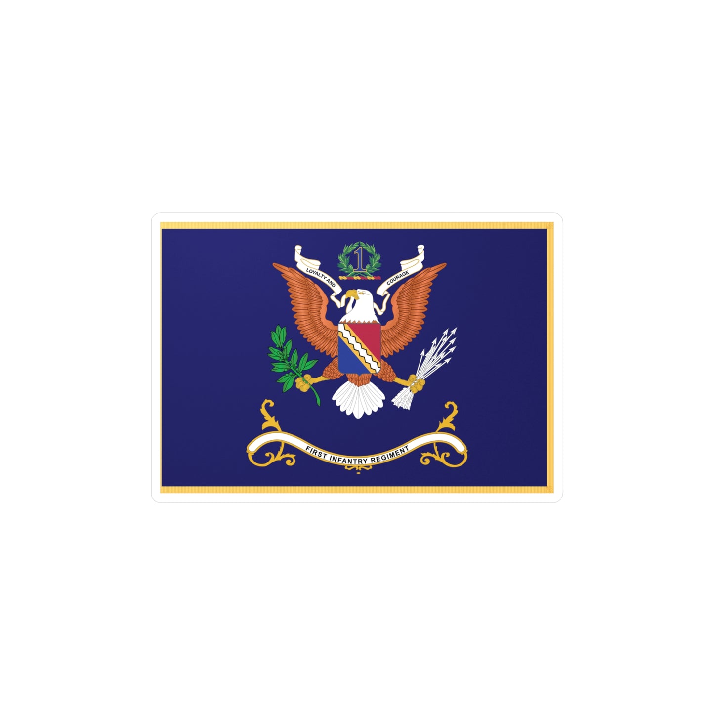 Kiss-Cut Vinyl Decals - Army - Regimental Colors - 1st Infantry Regiment -- LOYALTY AND COURAGE - Infantry Branch - Flag w Fringe X 300