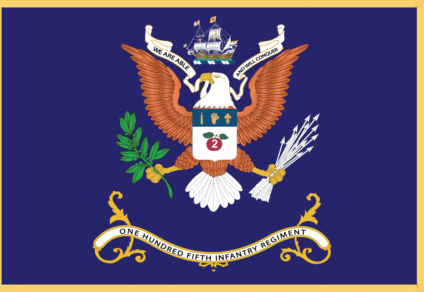 Rectangle Flags - Army - Regimental Colors - 105th Infantry Regiment - WE ARE ABLE AND WILL CONQUER Flag w Fringe X 300