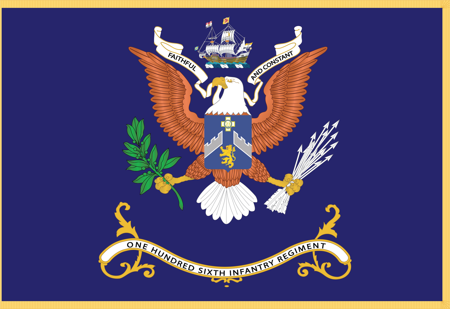 Rectangle Flags - Army - Regimental Colors - 106th Infantry Regiment - FAITHFUL AND CONSTANT Flag w Fringe X 300