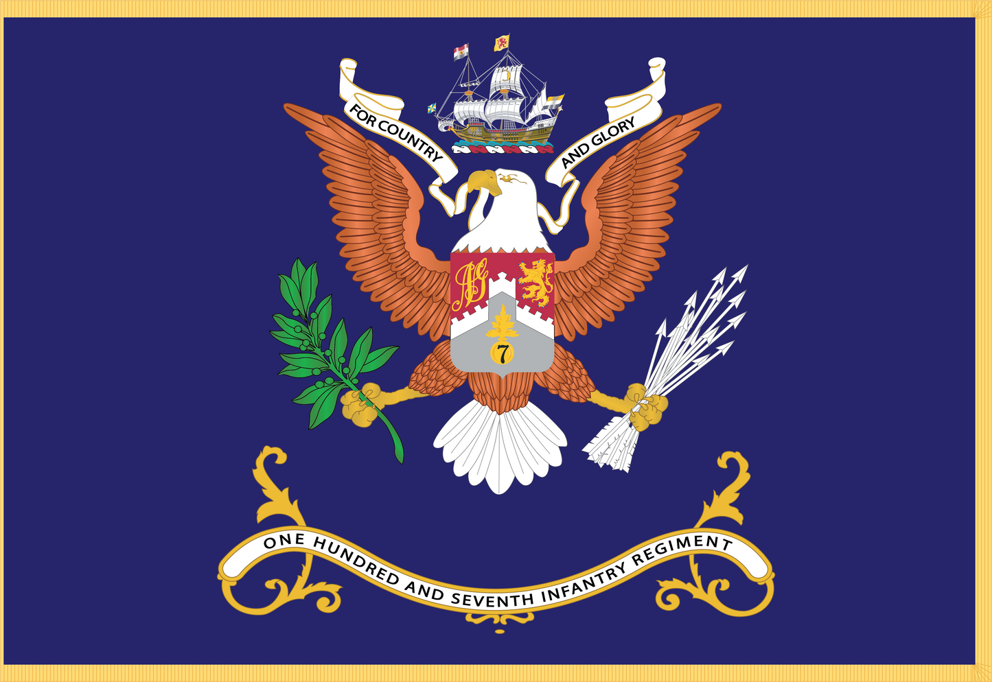 Rectangle Flags - Army - Regimental Colors - 107th Infantry Regiment - FOR COUNTRY AND GLORY Flag w Fringe X 300