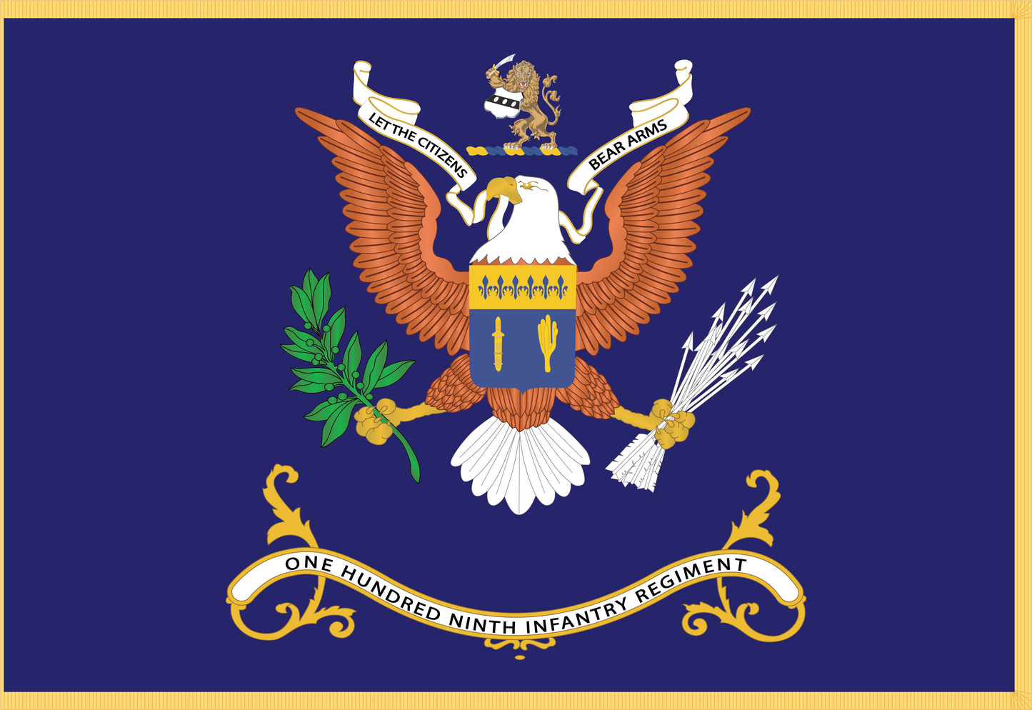 Rectangle Flags - Army - Regimental Colors - 109th Infantry Regiment - LET THE CITIZENS BEAR ARMS Flag w Fringe X 300