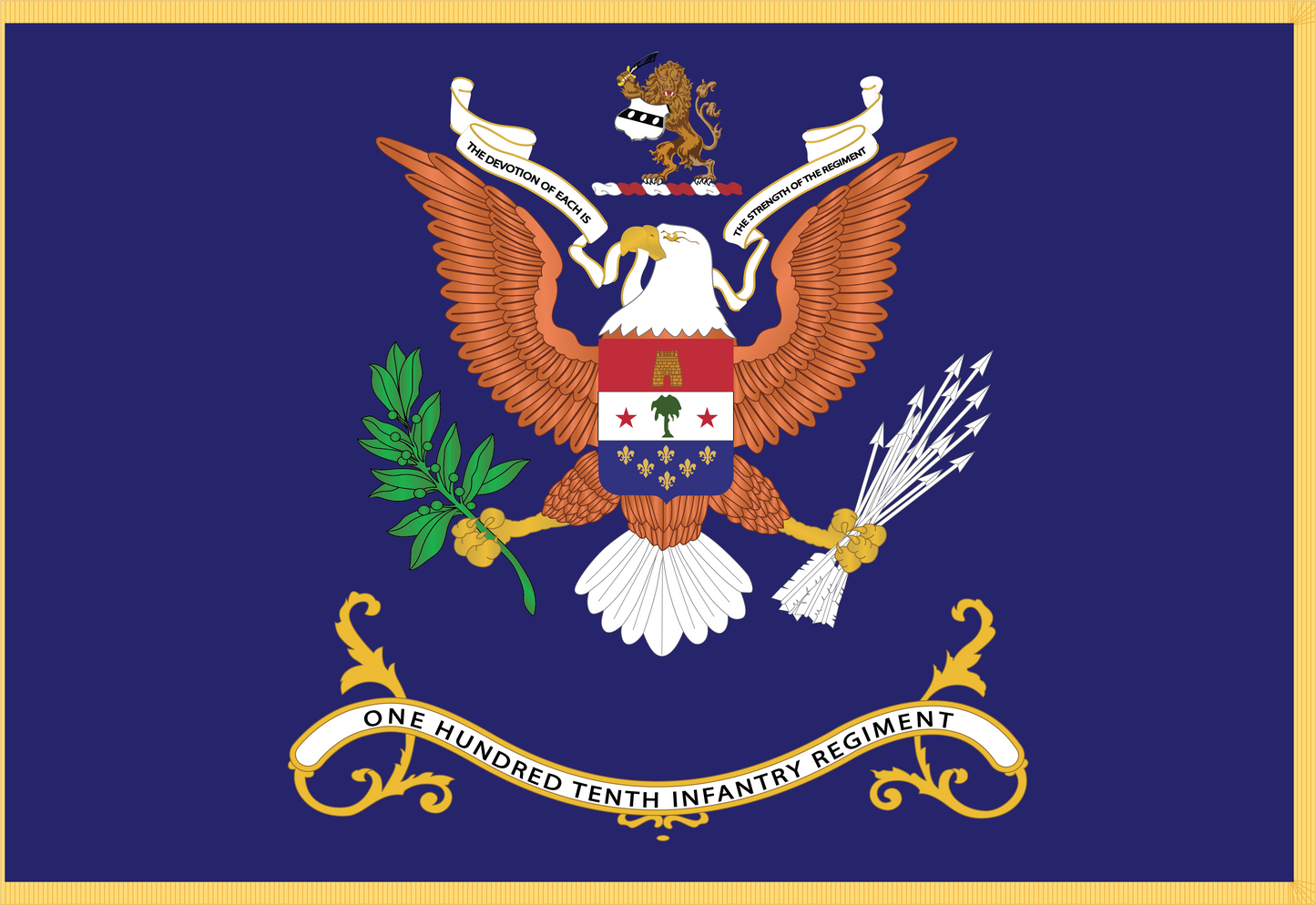 Rectangle Flags - Army - Regimental Colors - 110th Infantry Regiment - THE DEVOTION OF EACH IS THE STRENGTH OF THE REGIMENT Flag w Fringe X 300