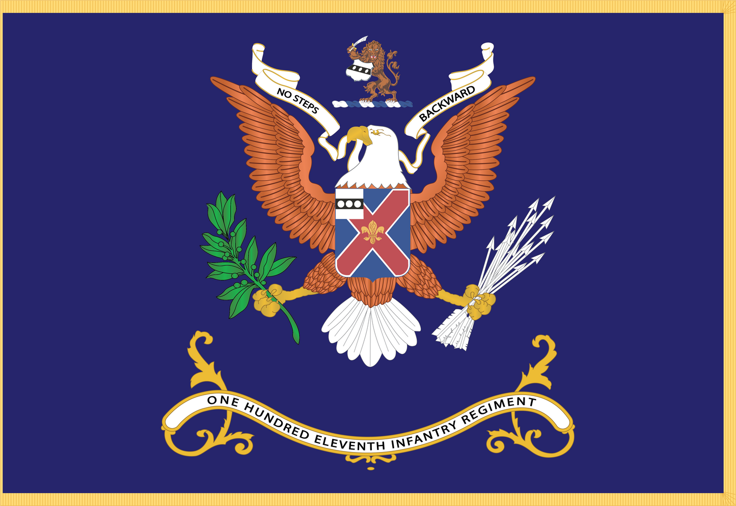 Rectangle Flags - Army - Regimental Colors - 111th Infantry Regiment - NO STEPS BACKWARD Flag w Fringe X 300