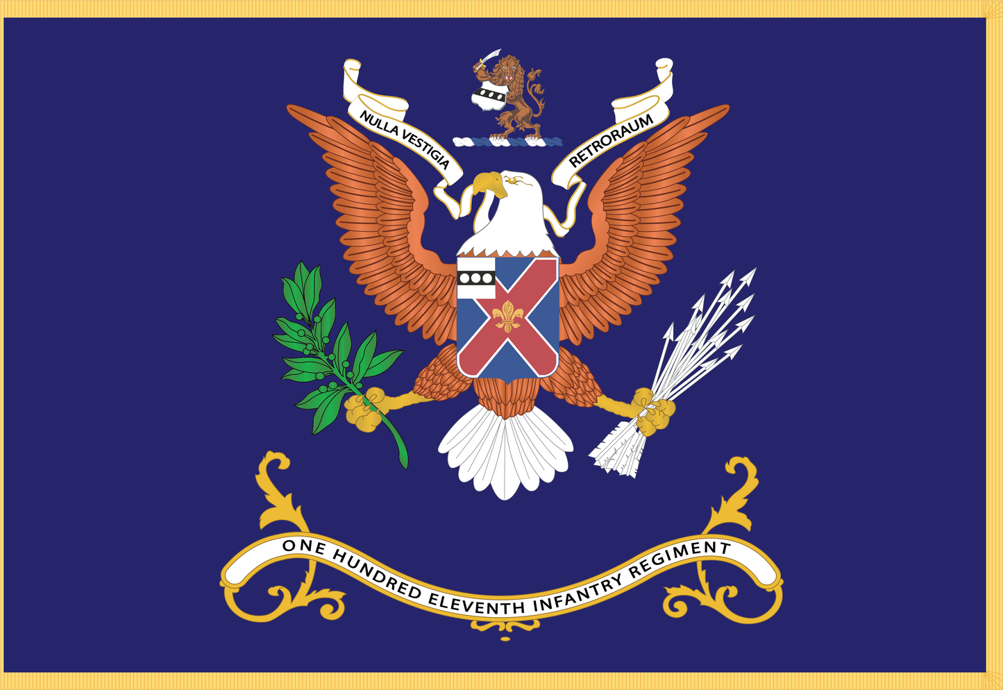 Rectangle Flags - Army - Regimental Colors - 111th Infantry Regiment - NULLA VESTIGIA RETRORAUM Flag w Fringe X 300