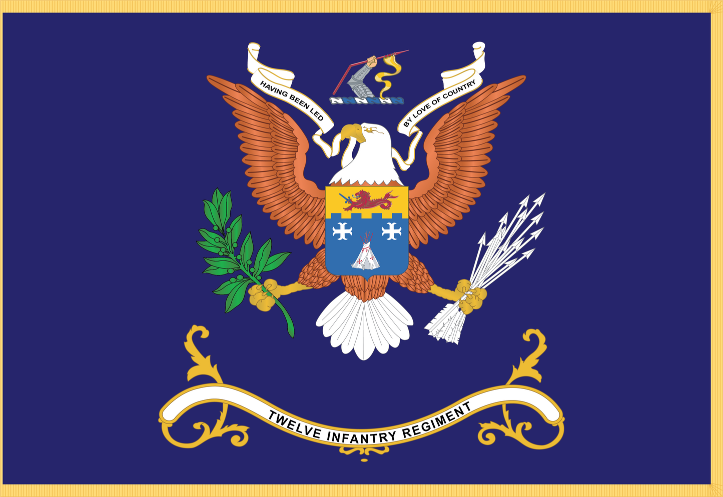Rectangle Flags - Army - Regimental Colors - 12th IR - HAVING BEEN LED BY LOVE OF COUNTRY - Flag w Fringe x 300