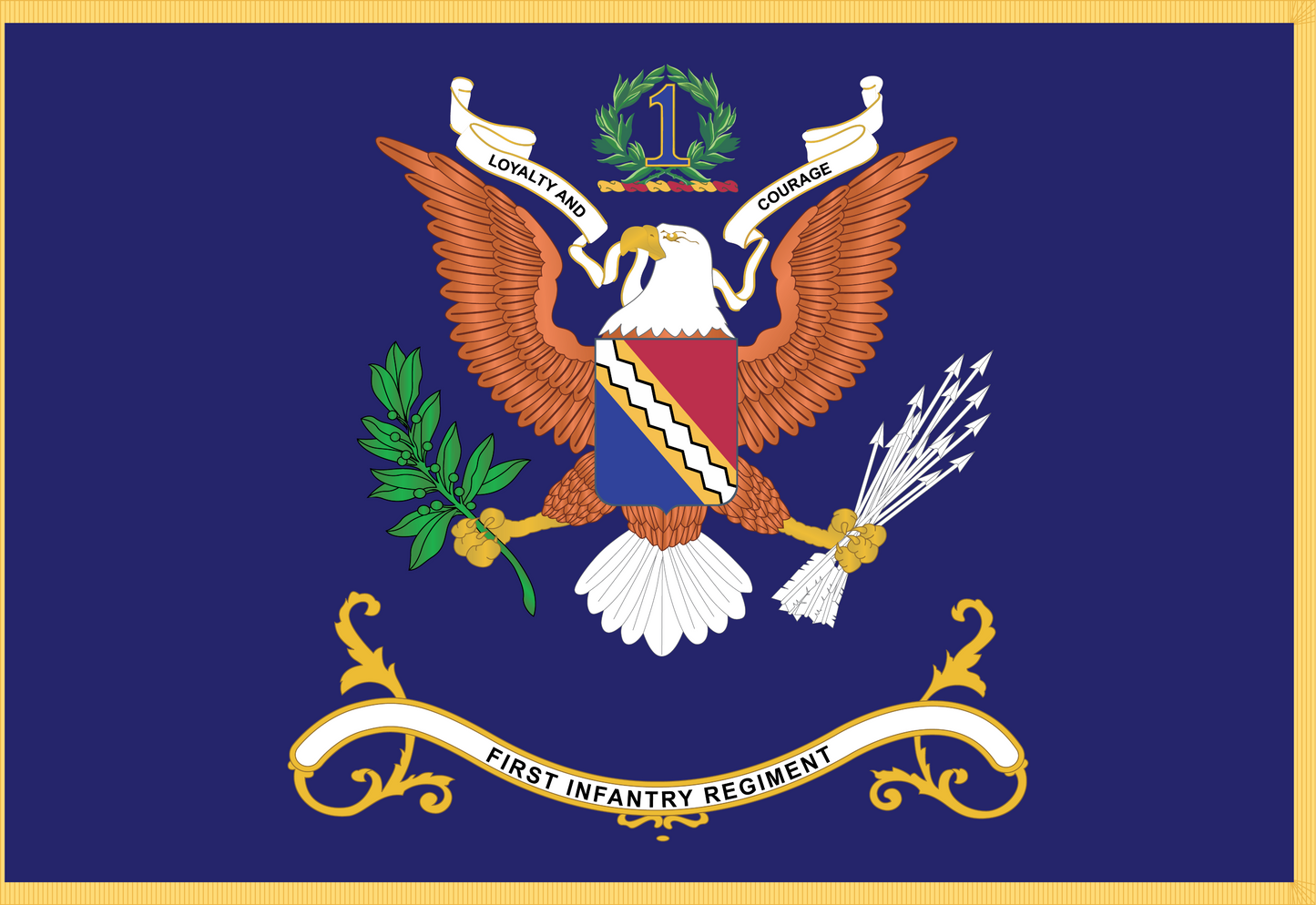 Rectangle Flags - Army - Regimental Colors - 1st Infantry Regiment - LOYALTY AND COURAGE - Infantry Branch - Flag w Fringe X 300