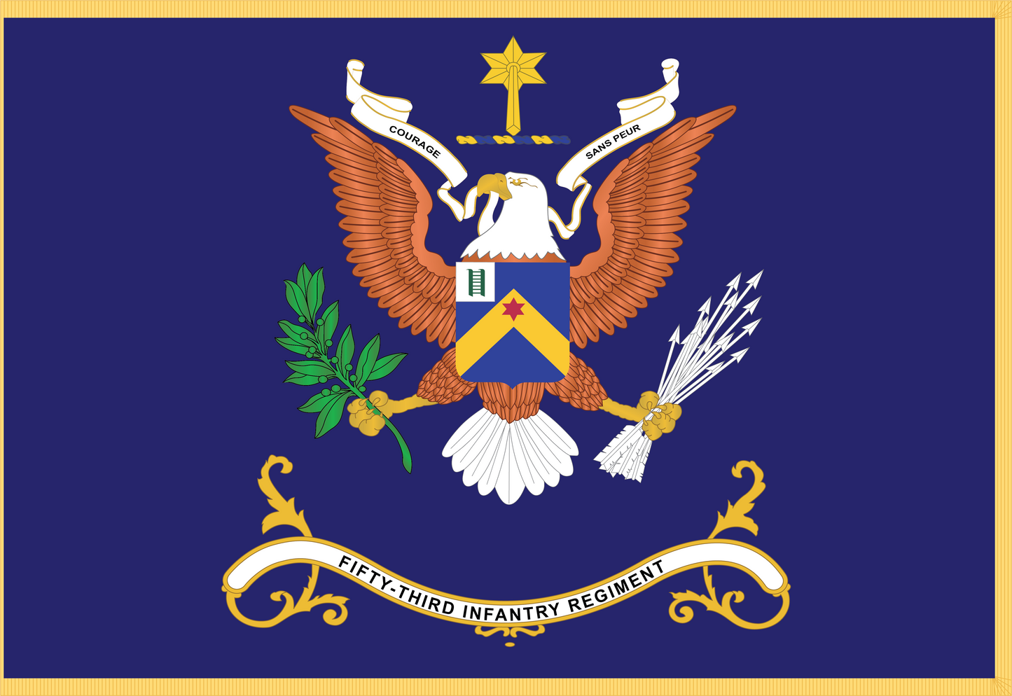 Rectangle Flags - Army - Regimental Colors - 53rd Infantry Regiment - COURAGE SANS PEUR - Flag w Fringe x 300