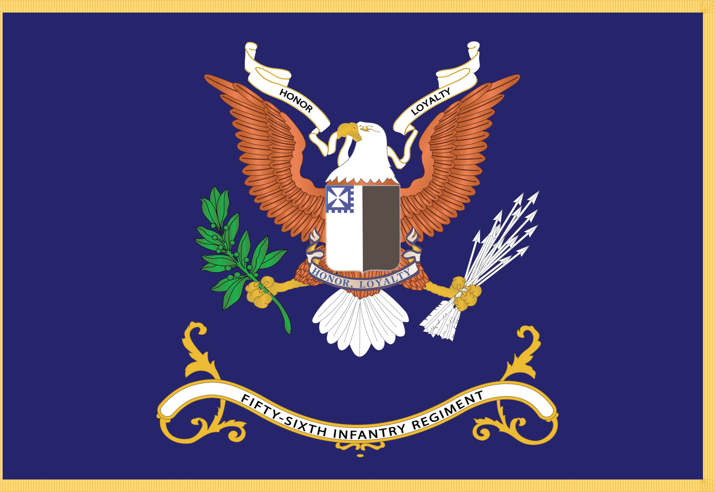 Rectangle Flags - Army - Regimental Colors - 56th Infantry Regiment - HONOR, LOYALTY Flag w Fringe X 300