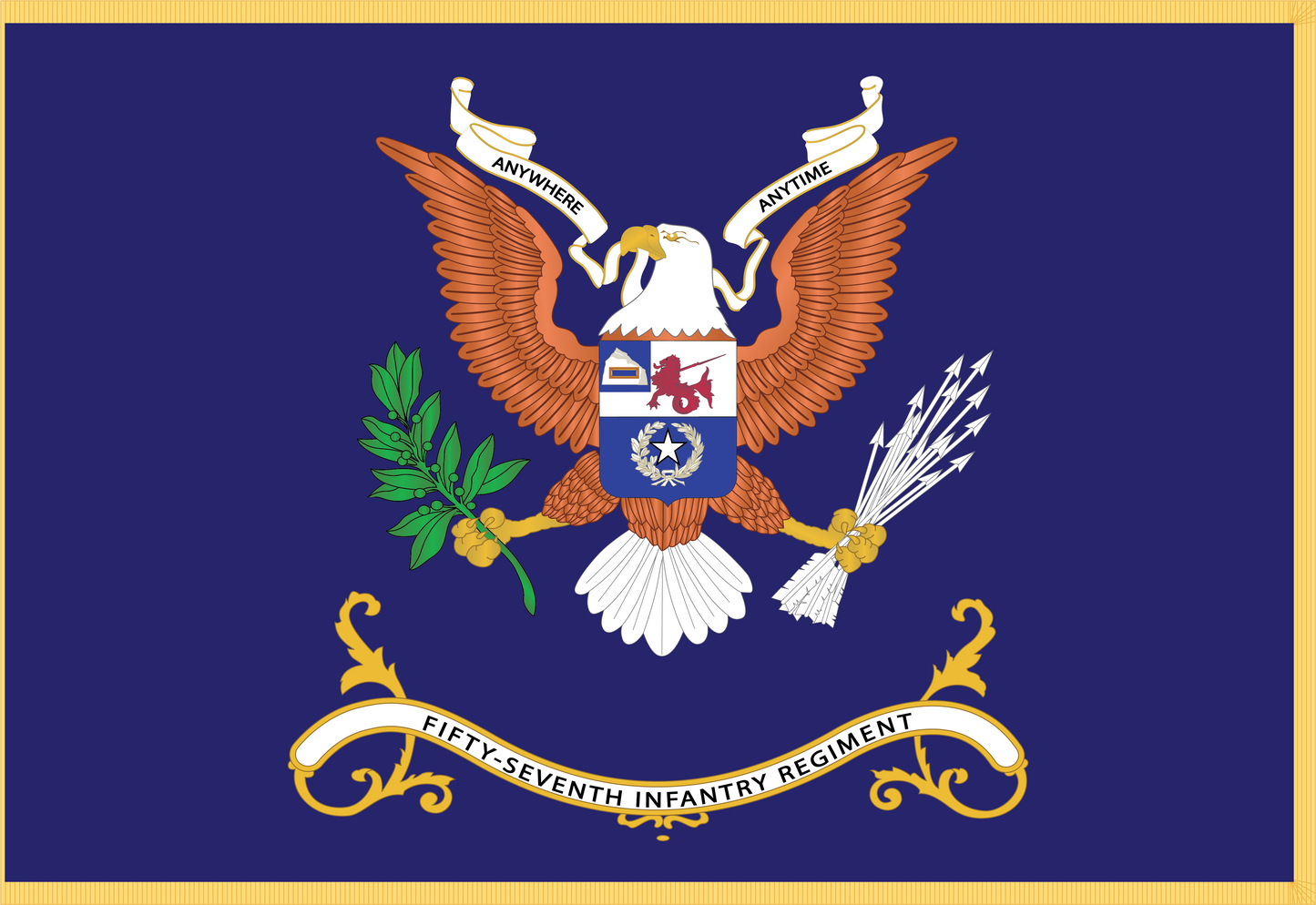 Rectangle Flags - Army - Regimental Colors - 57th Infantry Regiment - ANYWHERE, ANYTIME Flag w Fringe X 300