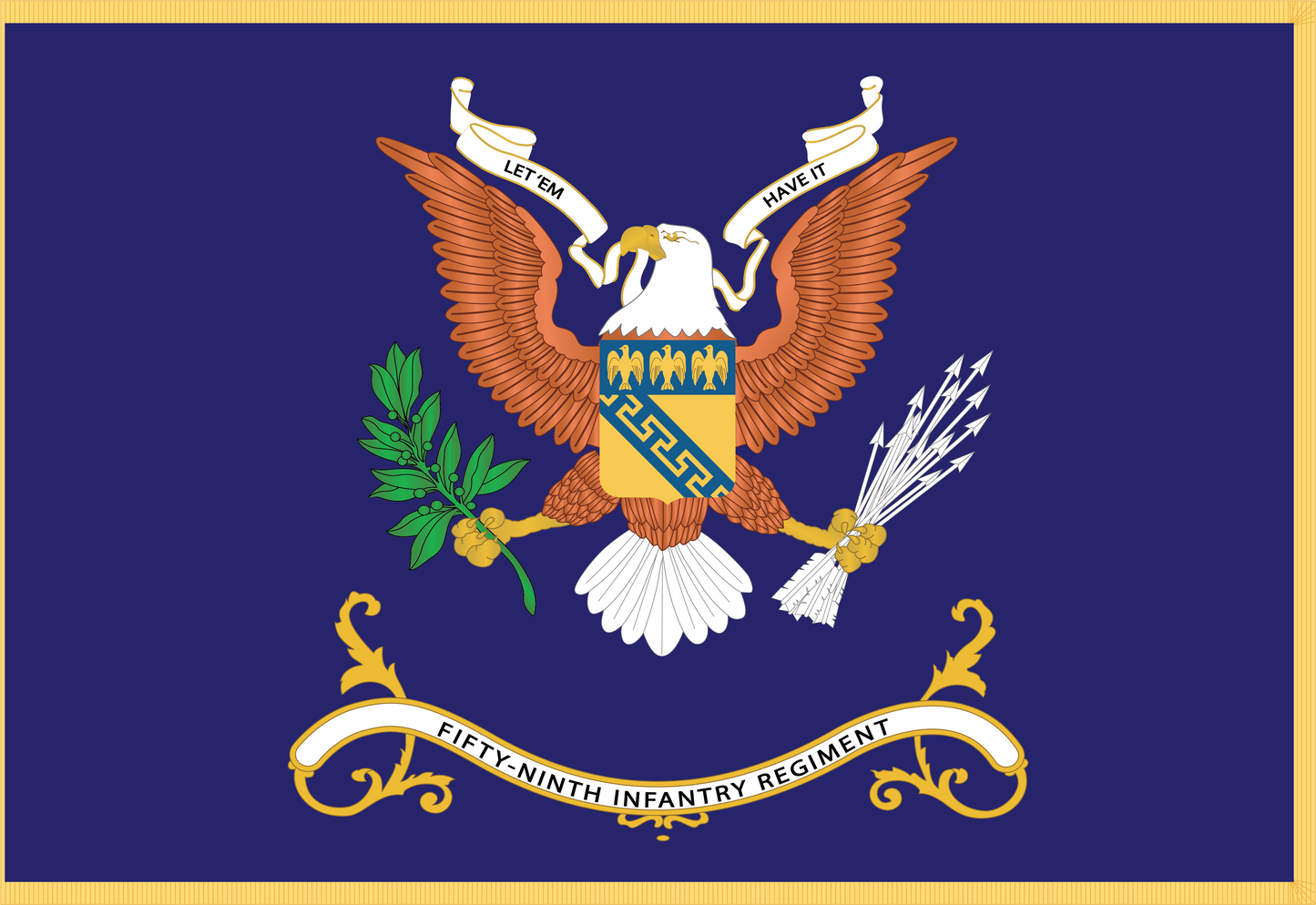 Rectangle Flags - Army - Regimental Colors - 59th Infantry Regiment - LET 'EM HAVE IT Flag w Fringe X 300