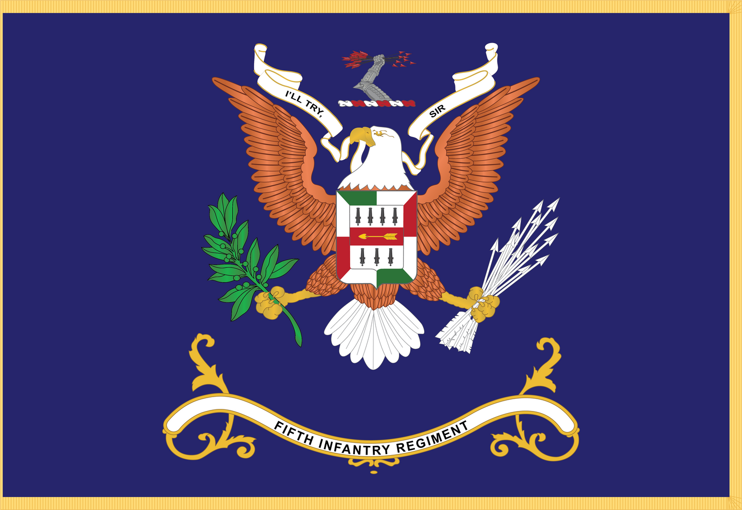 Rectangle Flags - Army - Regimental Colors - 5th Infantry Regiment - I'LL TRY, SIR - Flag w Fringe X 300