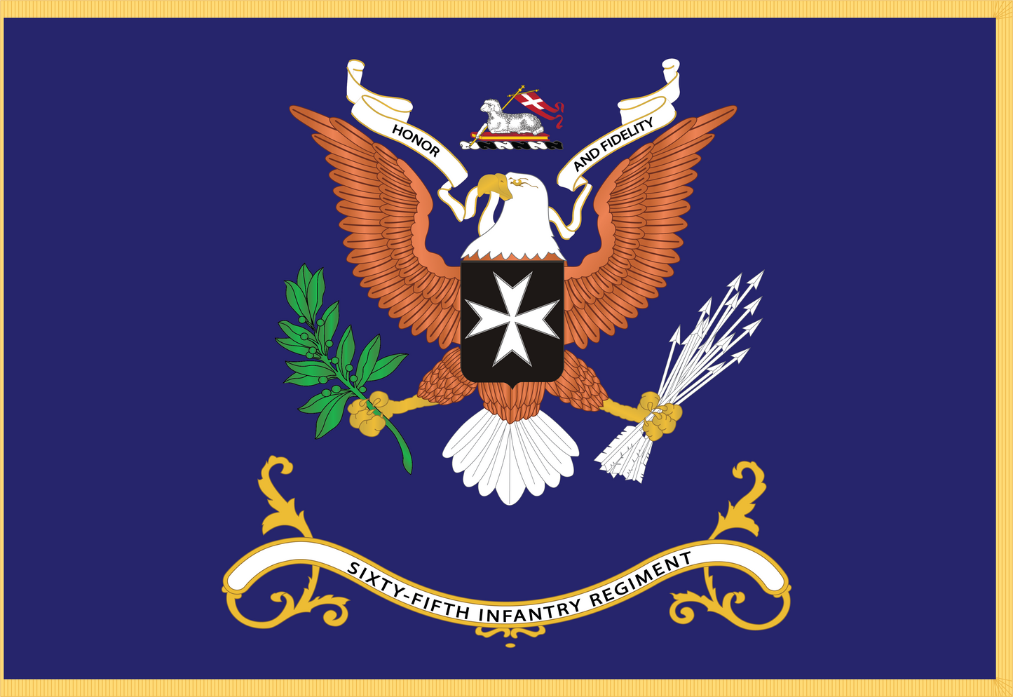 Rectangle Flags - Army - Regimental Colors - 65th Infantry Regiment - HONOR AND FIDELITY Flag w Fringe X 300