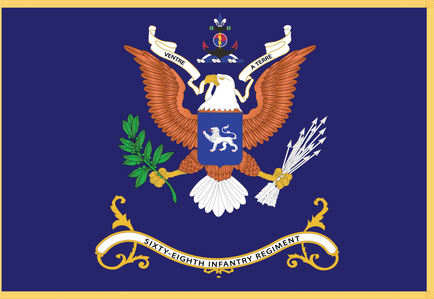 Rectangle Flags - Army - Regimental Colors - 68th Infantry Regiment - VENTRE A TERRE Flag w Fringe X 300