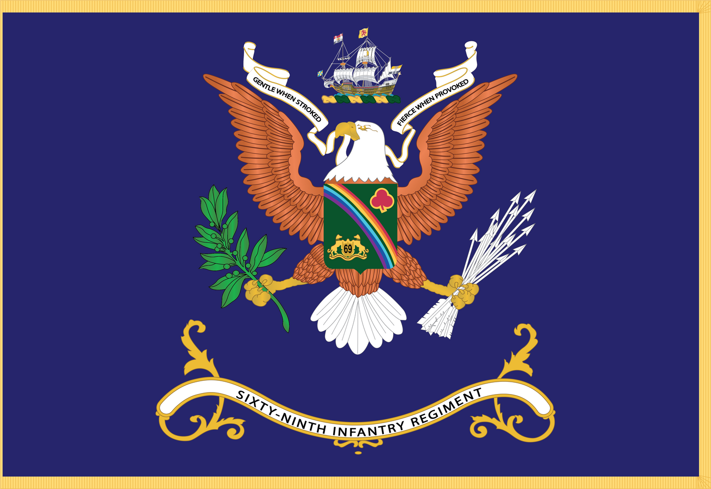 Rectangle Flags - Army - Regimental Colors - 69th Infantry Regiment - GENTLE WHEN STROKED - FIERCE WHEN PROVOKED Flag w Fringe X 300