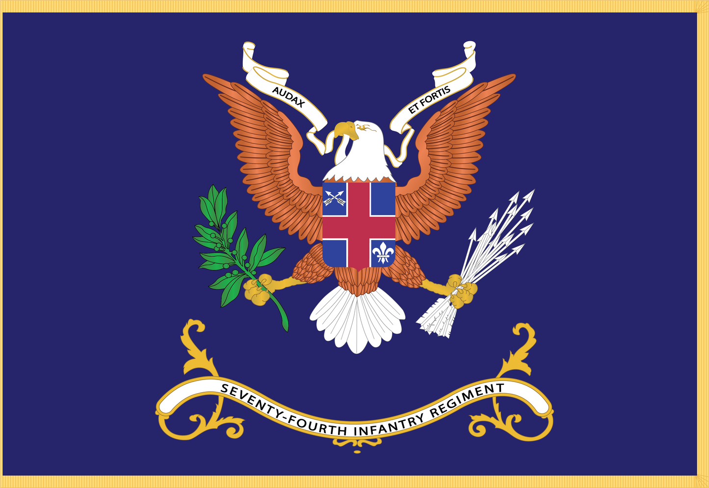 Rectangle Flags - Army - Regimental Colors - 74th Infantry Regiment - AUDAX ET FORTIS Flag w Fringe X 300