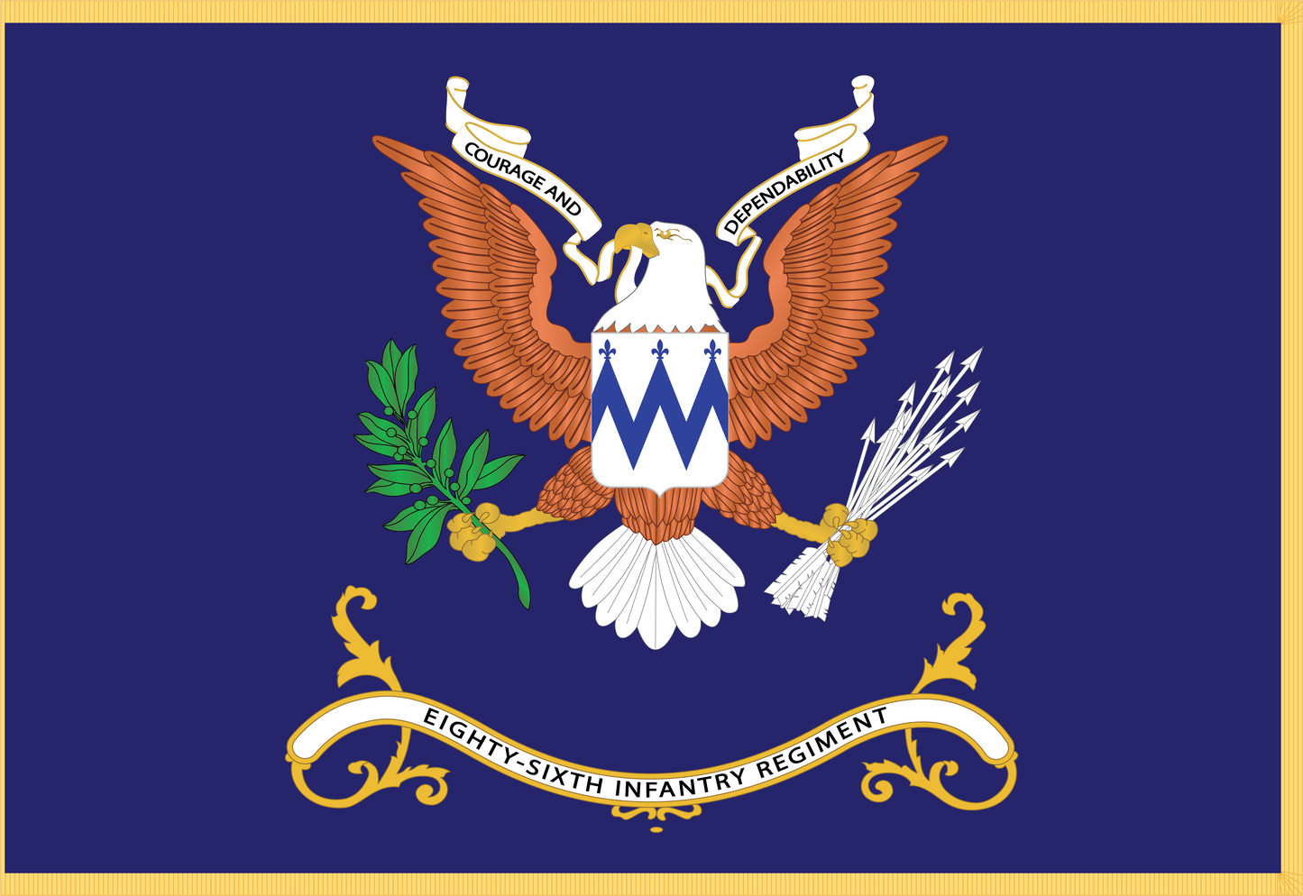 Rectangle Flags - Army - Regimental Colors - 86th Infantry Regiment - COURAGE AND DEPENDABILITY Flag w Fringe X 300