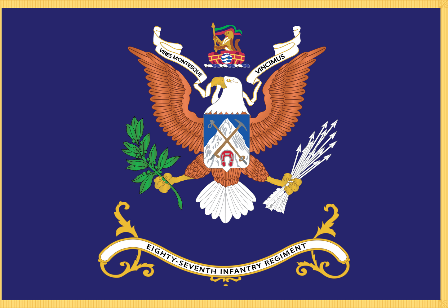 Rectangle Flags - Army - Regimental Colors - 87th Infantry Regiment - VIRES MONTESQUE VINCIMUS Flag w Fringe X 300