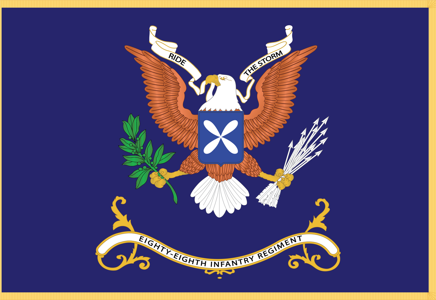 Rectangle Flags - Army - Regimental Colors - 88th Infantry Regiment - RIDE THE STORM Flag w Fringe X 300
