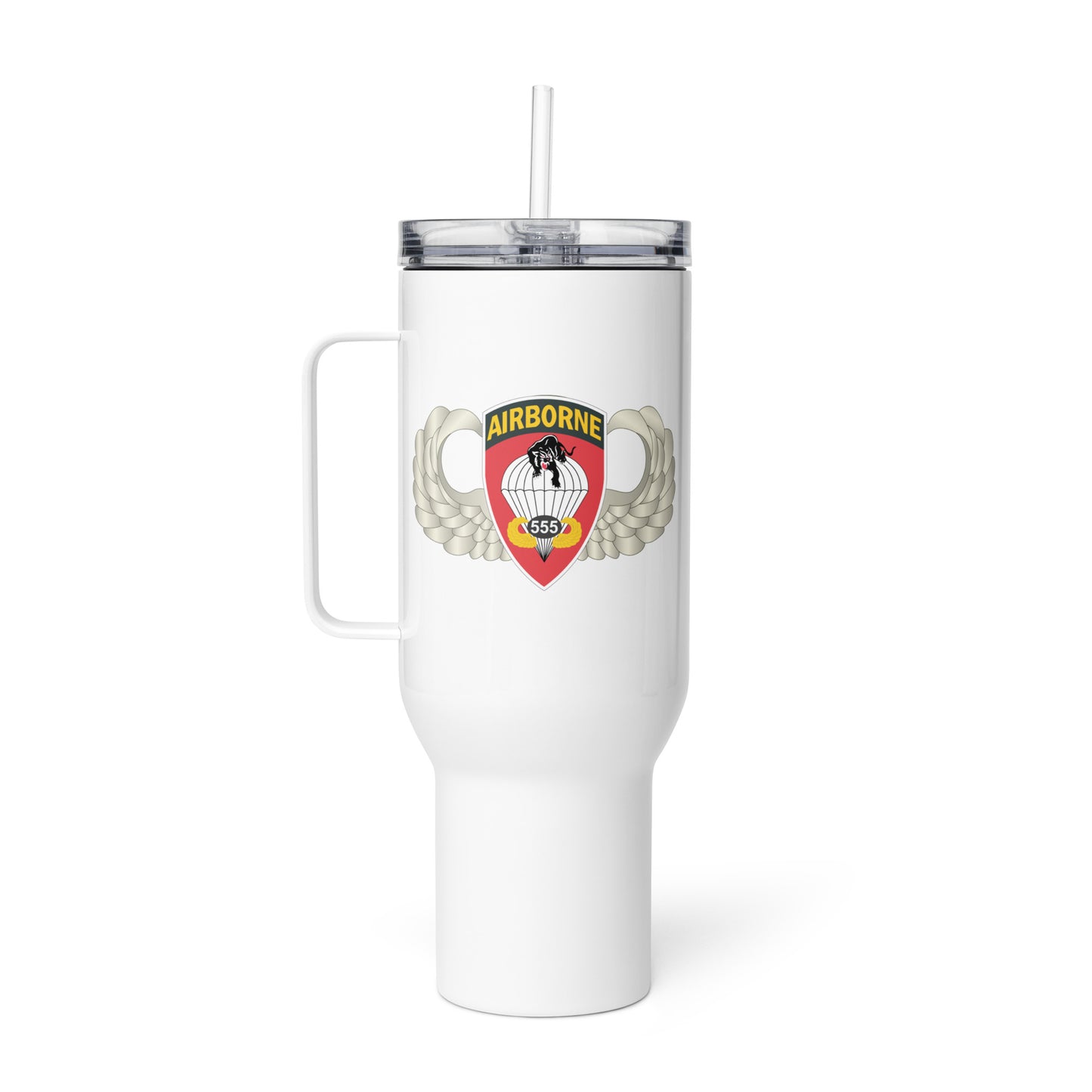 (Right view - White 40 oz travel mug with handle featuring Army Airborne 555th Parachute Infantry Battalion badge - right side view
