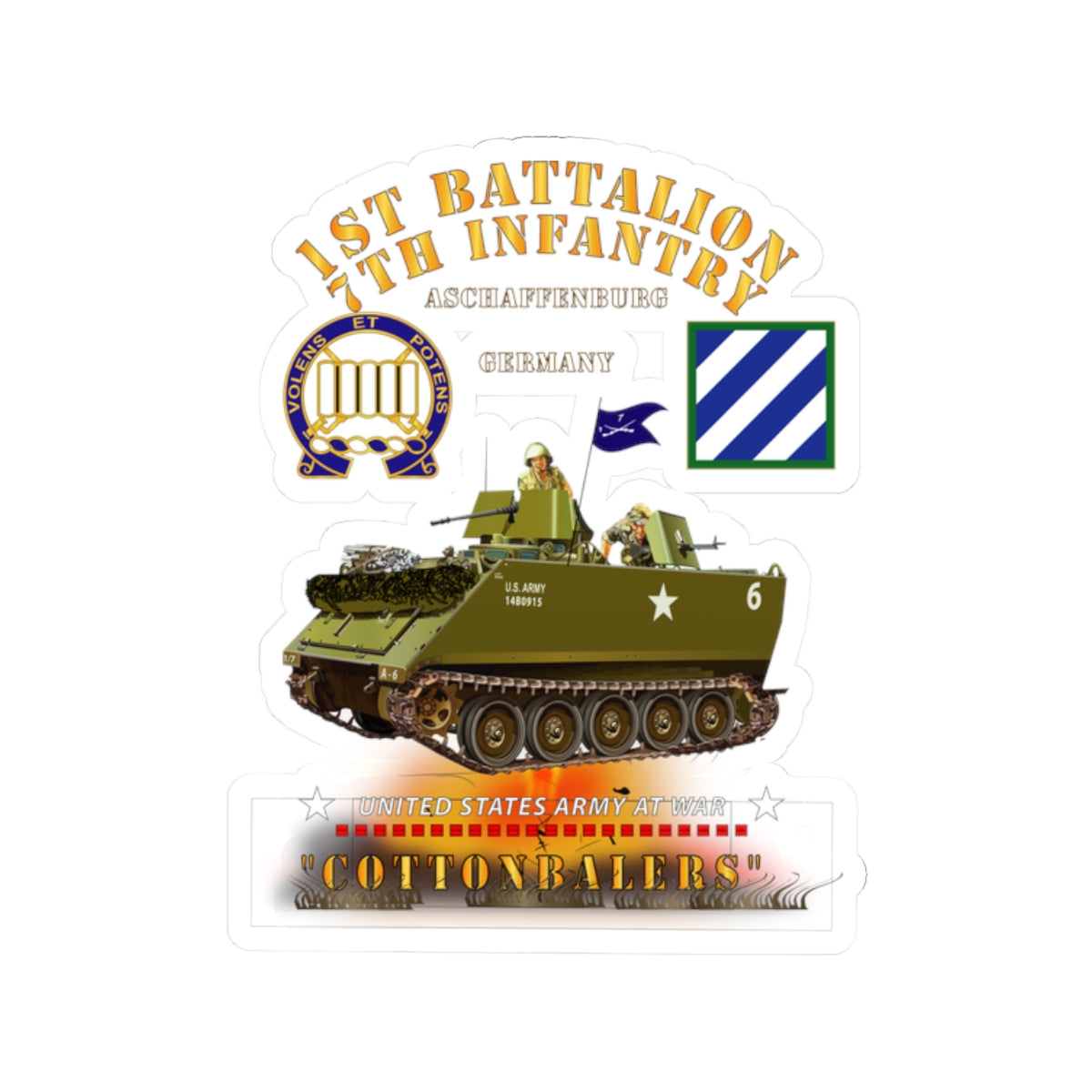 Kiss-Cut Stickers - Army - 1st Bn 7th Infantry - Aschaffenburg FRG - M113 APC  - CottonBalers X 300