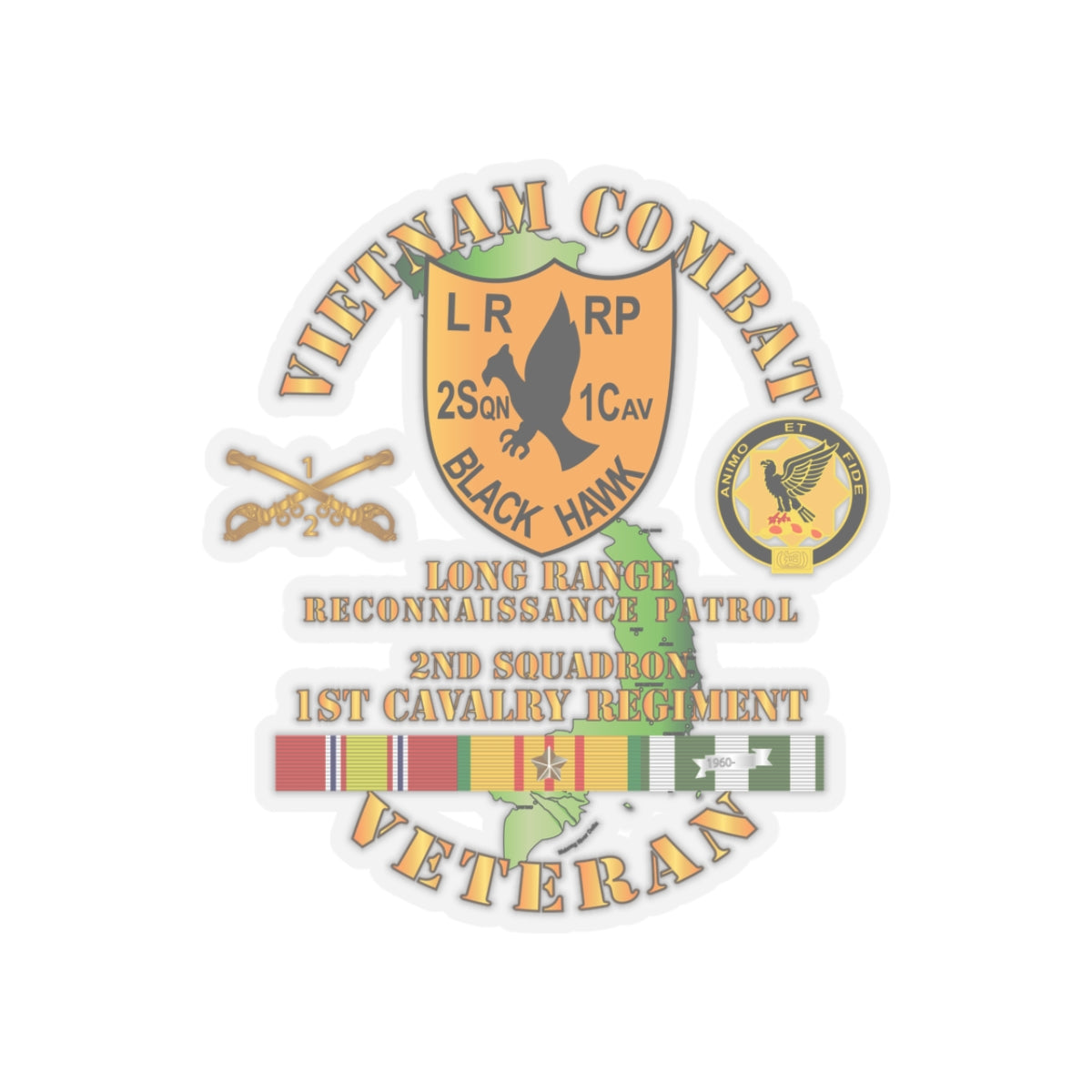 Kiss-Cut Stickers - Army - Vietnam Combat Veteran - 2nd Squadron, 1st Cav Regt  LRRP - Black Hawk w VN SVC