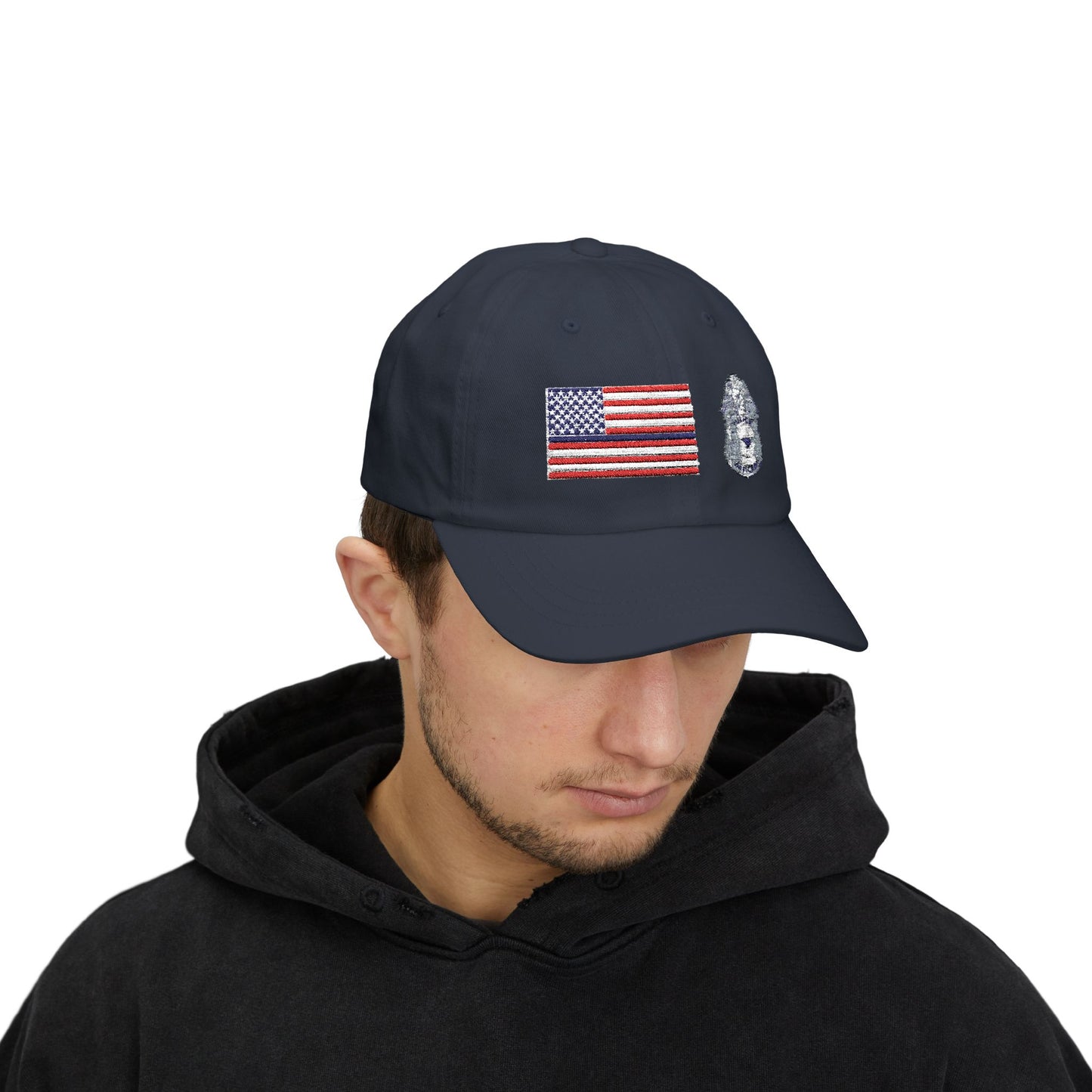 Hat - Classic Dad Cap American Flag with Police Blue Stripe and Badge